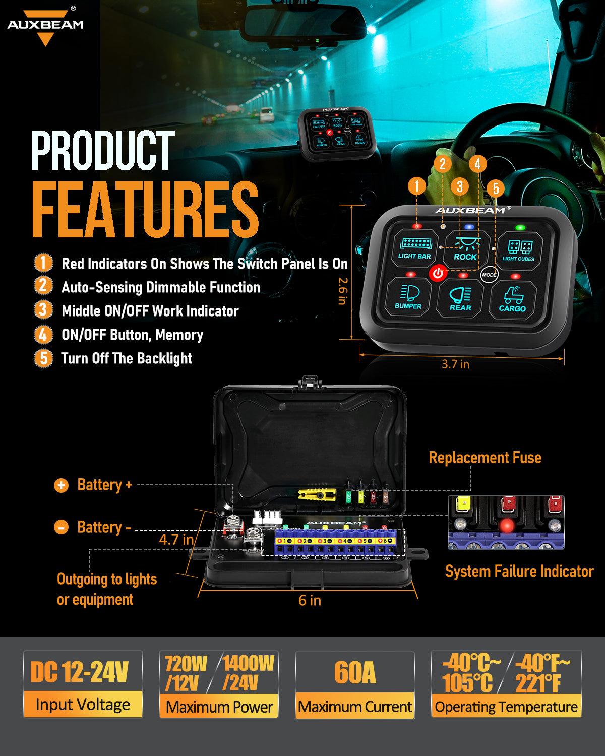 Auxbeam RGB Series 6 Gang (RA60) Switch Panel, Toggle/ Momentary/ Pulsed Mode Supported (One-Sided Outlet)