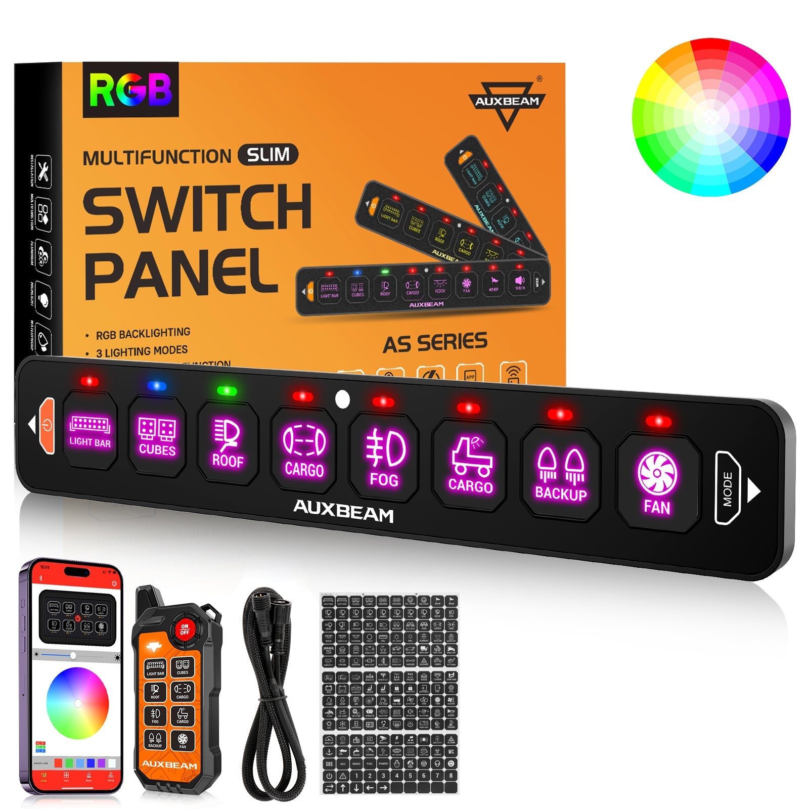 Auxbeam AS Series 4/6/8 Gang RGB Slim Switch Panel with APP & Remote Control, Toggle/ Momentary/ Pulsed Mode Supported(One-Sided Outlet)