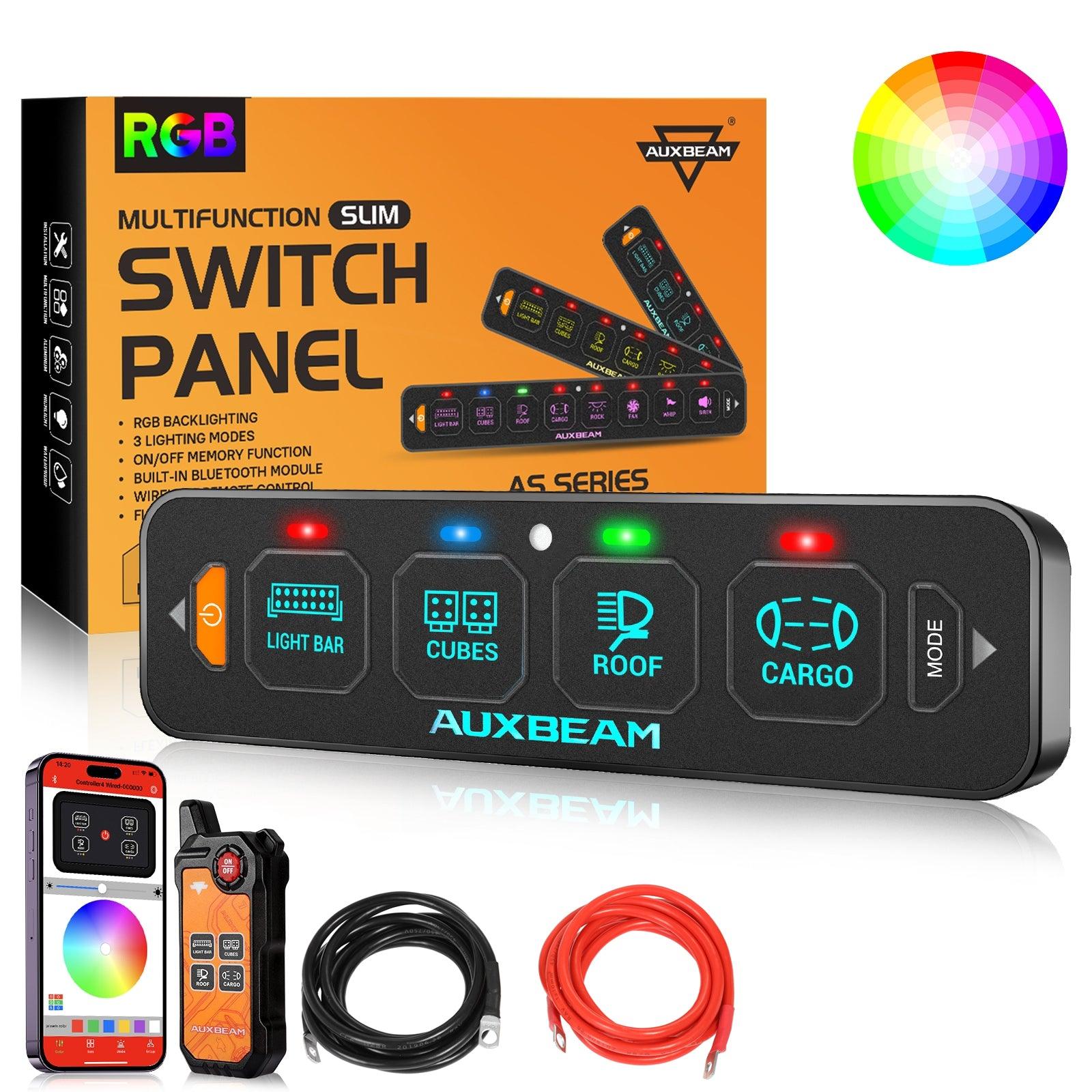 Auxbeam AS Series 4/6/8 Gang RGB Slim Switch Panel with APP & Remote Control, Toggle/ Momentary/ Pulsed Mode Supported(One-Sided Outlet)