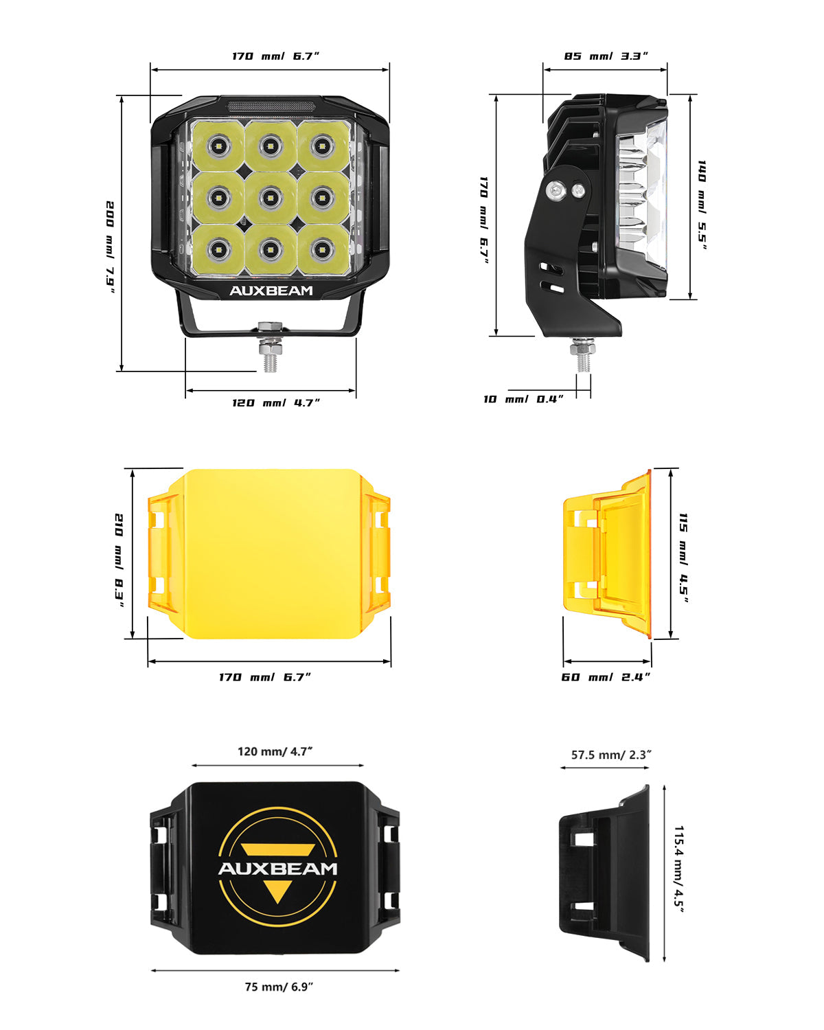 Auxbeam V-MAX Series 7" Square LED Pod Lights – 228W, 26,100LM, Spot Beam Side Shooter, Amber DRL & Backlight