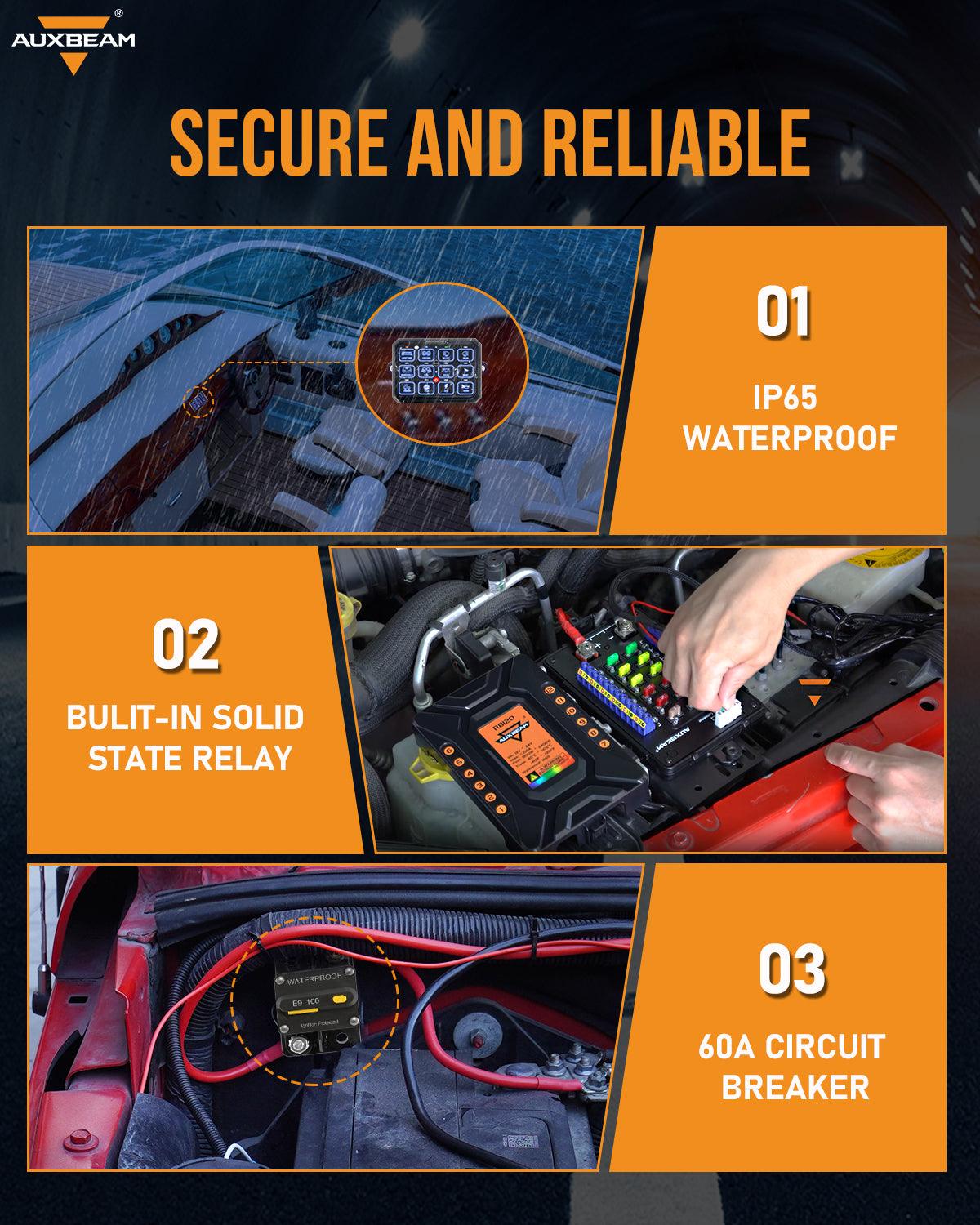 Auxbeam RGB Series 12 Gang (RB120) RGB Switch Panel, Toggle/ Momentary/ Pulsed Mode Supported (Two-Sided Outlet)