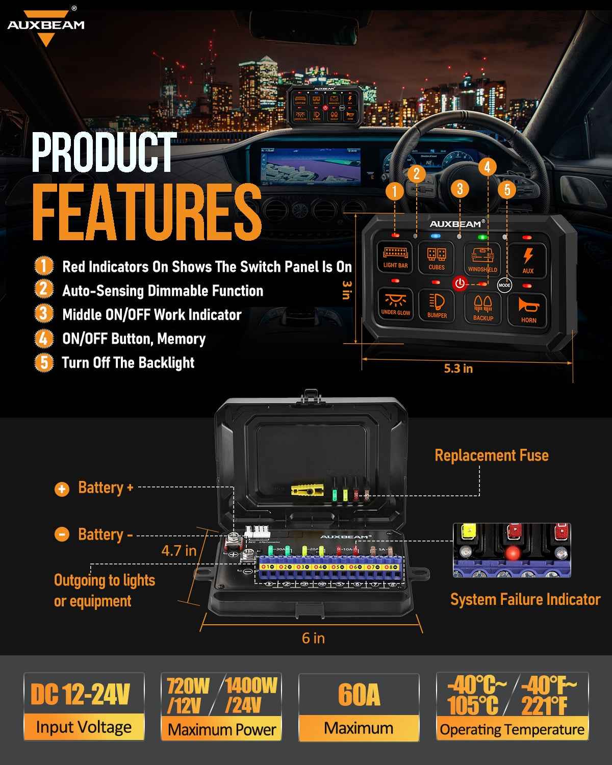 Auxbeam RGB Series RA80 XL 8-Gang Switch Panel – Larger Size, Toggle/Momentary/Pulsed Modes