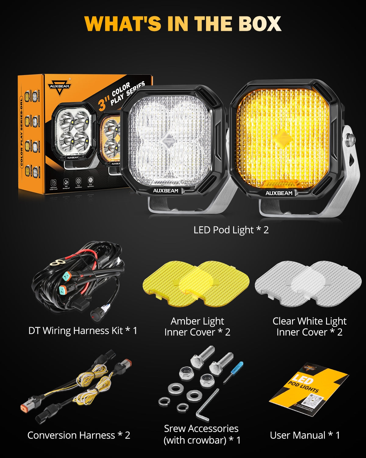 Auxbeam Color Play Series 3" LED Pod Lights – 100W, Flood Beam, White DRL & Amber Turn Signal
