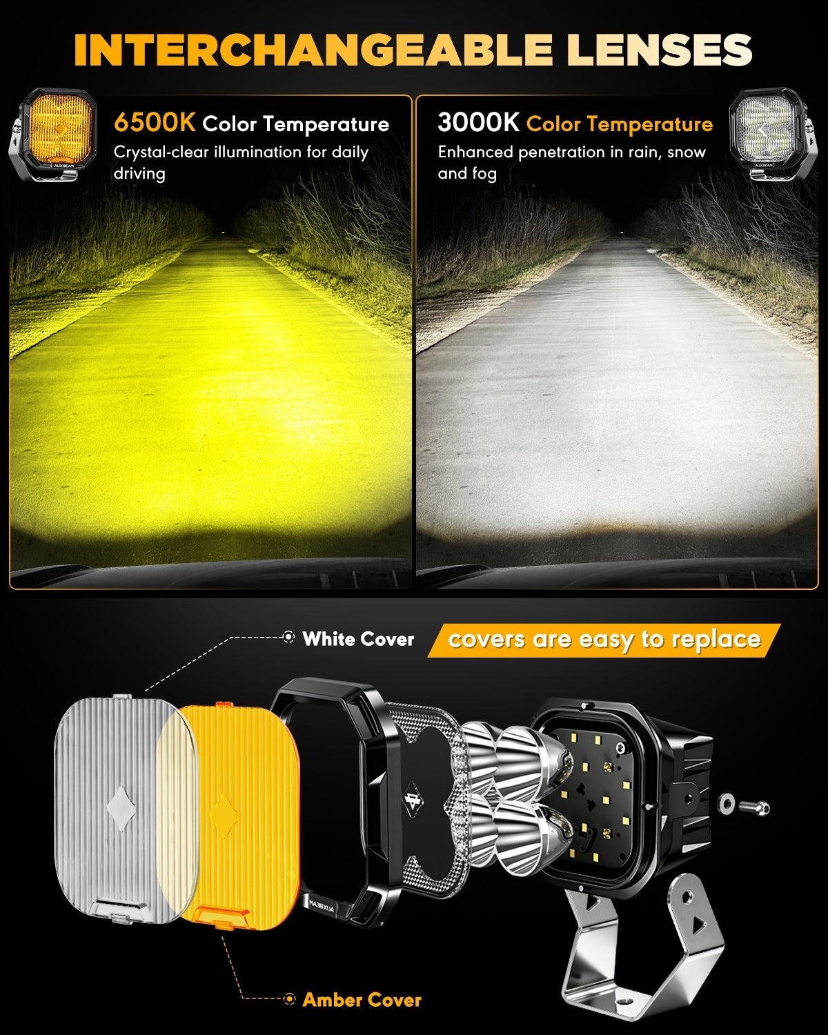 Auxbeam Color Play Series 3" LED Fog Lights – 100W, White DRL & Amber Turn Signal