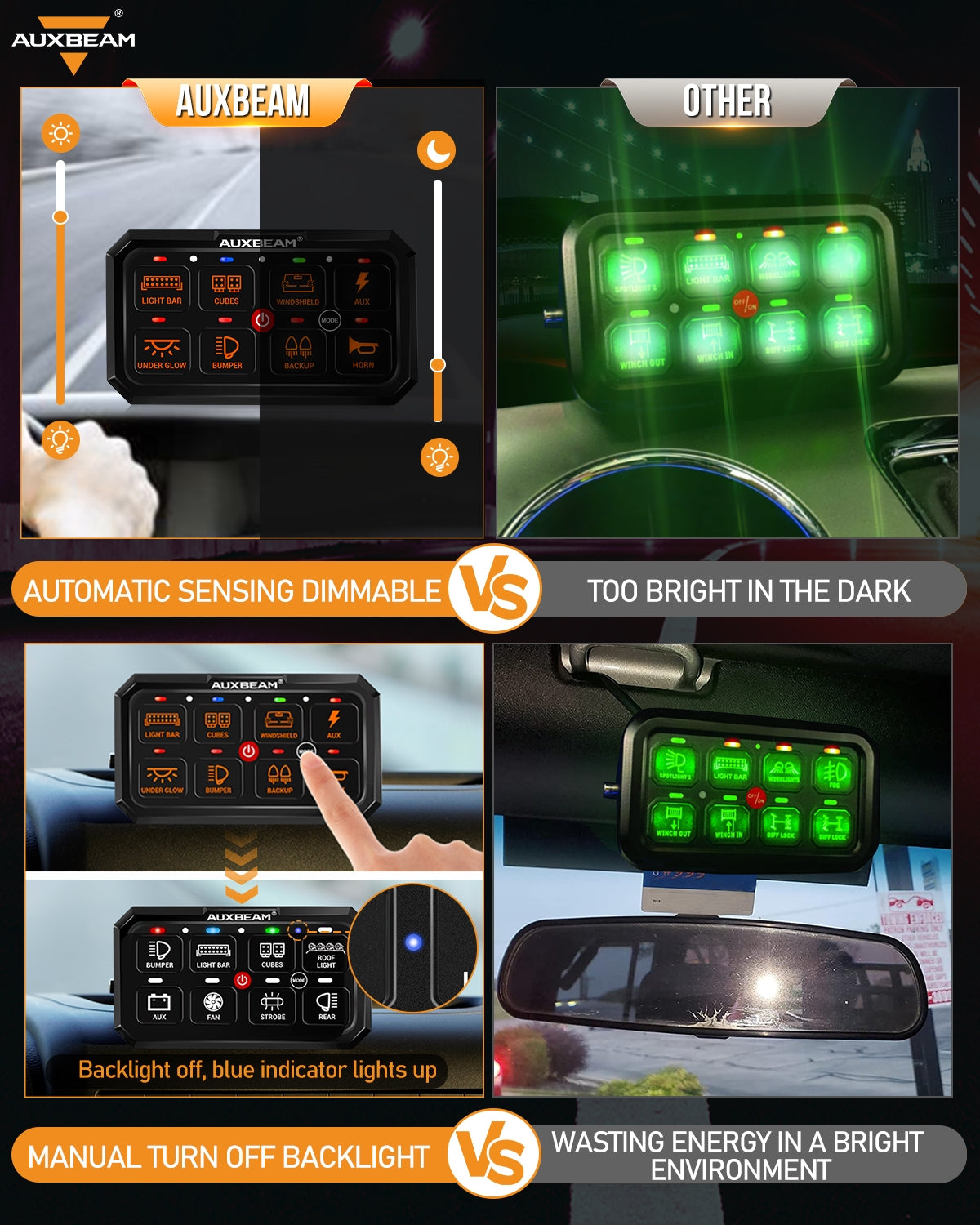 Auxbeam RGB Series RA80 XL 8-Gang Switch Panel – Larger Size, Toggle/Momentary/Pulsed Modes