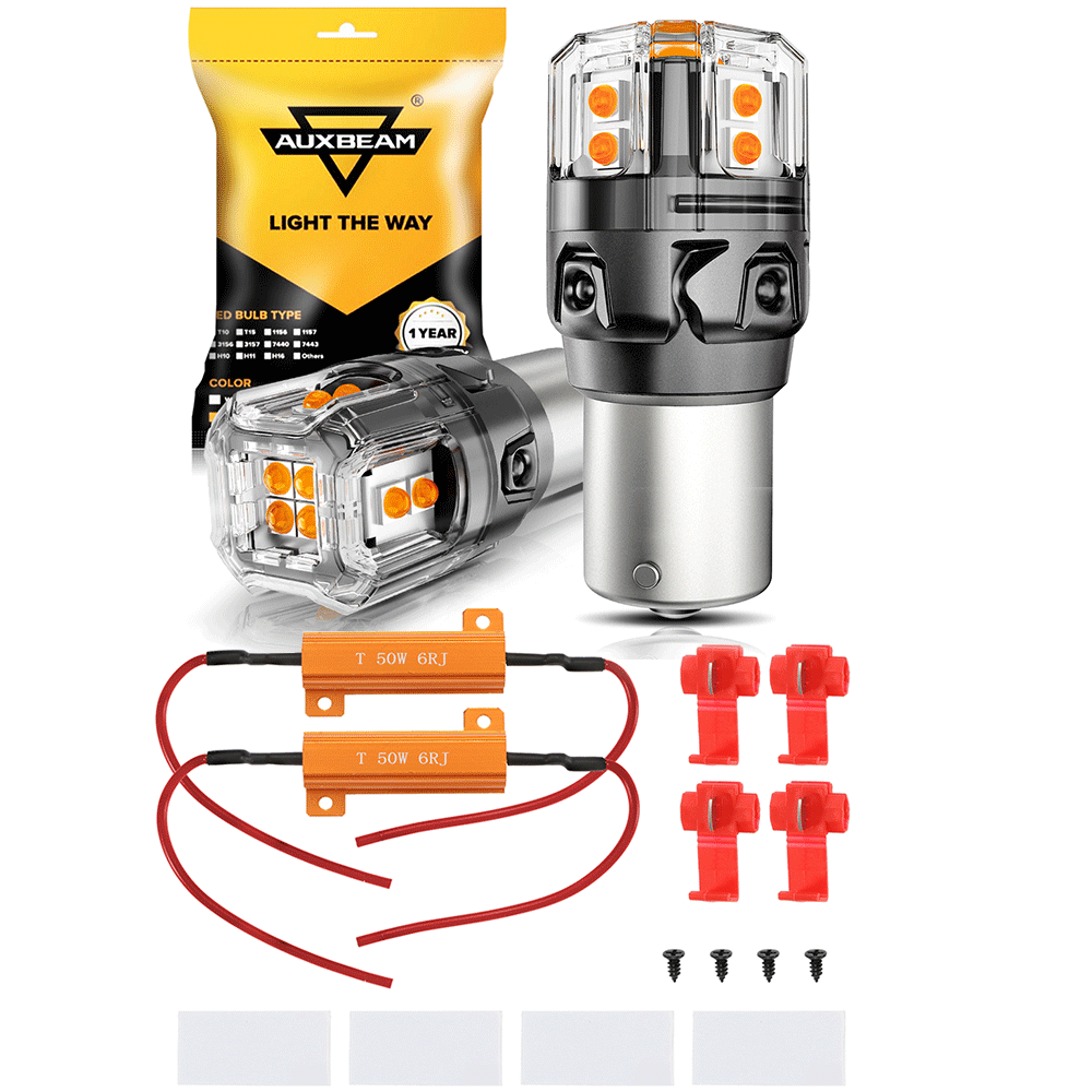 Auxbeam BAU15S / 7507 LED Turn Signal Bulbs – B52 Series, Front/Rear & Side Marker Lights, 13W, 500% Brighter, 3000K Amber, CAN-Bus Error-Free (2 Pack)