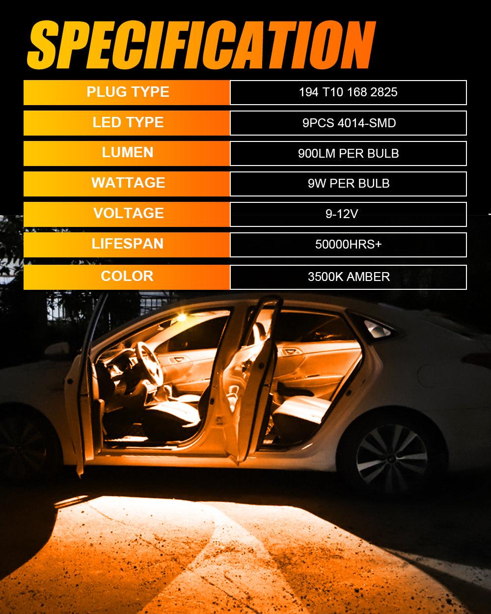 Auxbeam 168 / 2825 W5W T10 LED Interior Light Bulbs – 1.5W, 3500K Amber, 300% Brighter (10 Pack)