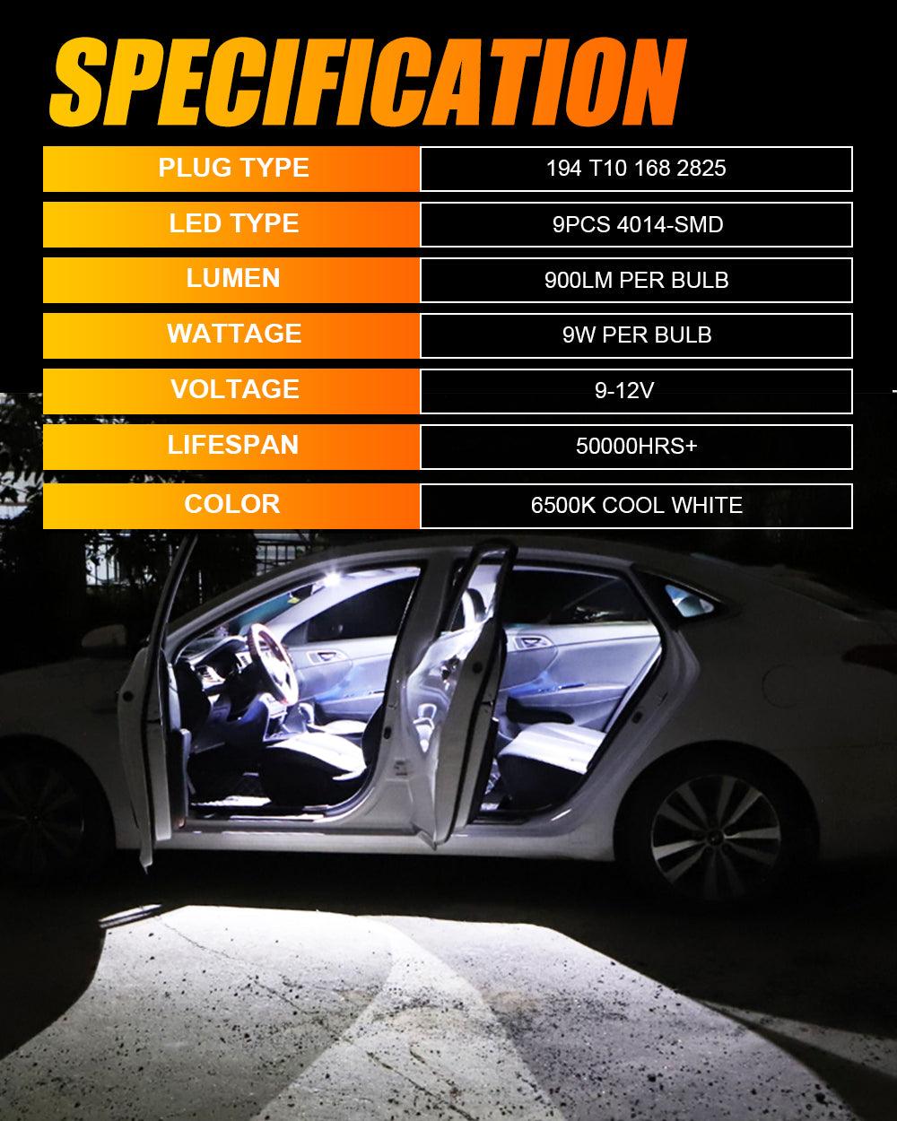 Auxbeam 168 / 2825 W5W T10 LED Interior Light Bulbs – 1.5W, 6500K White, 300% Brighter (10 Pack)