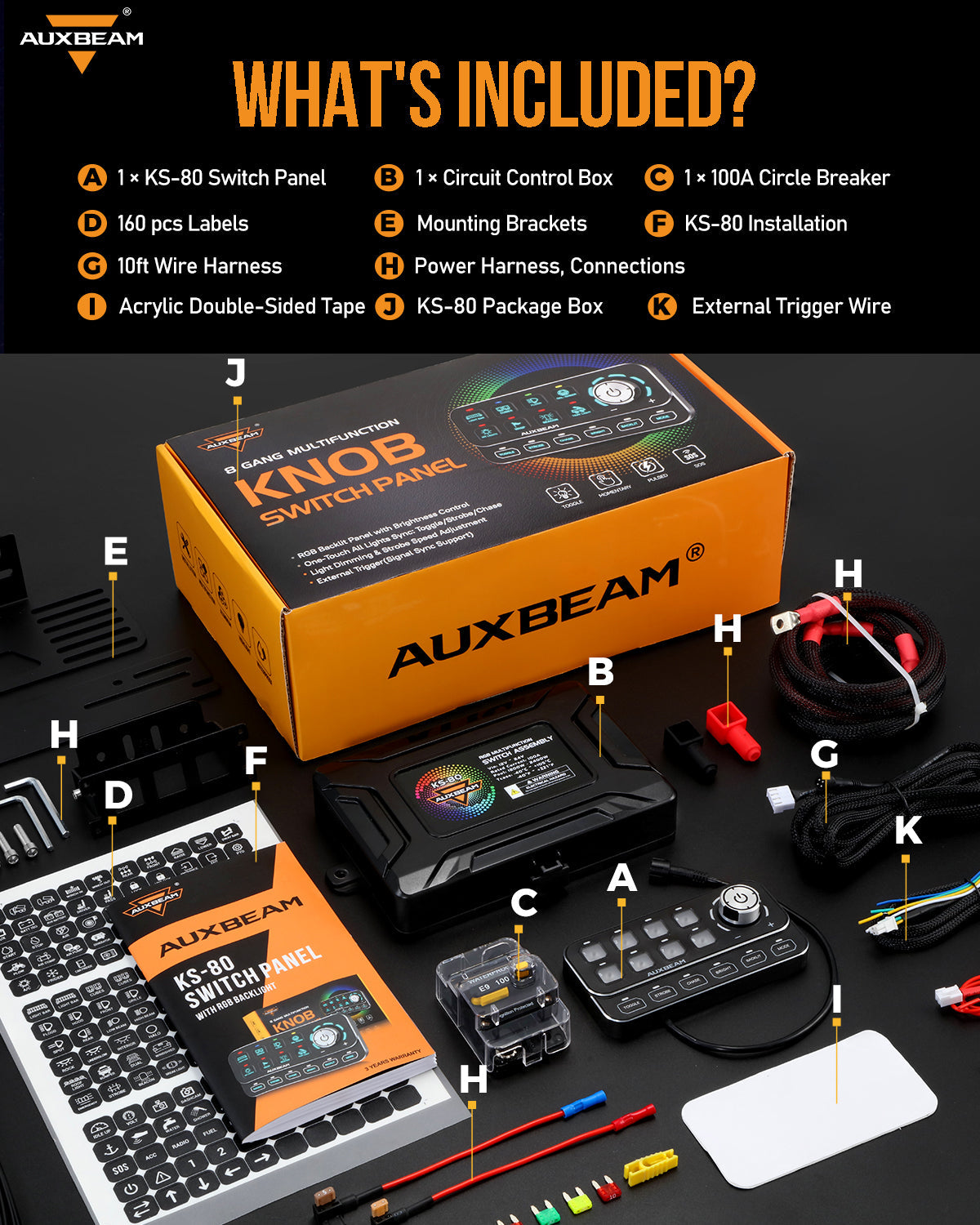 Auxbeam KS-80 Knob RGB Switch Panel MAX 120A ,Light Dimming, Dynamic Chase, Four External Triggers, 4 Modes