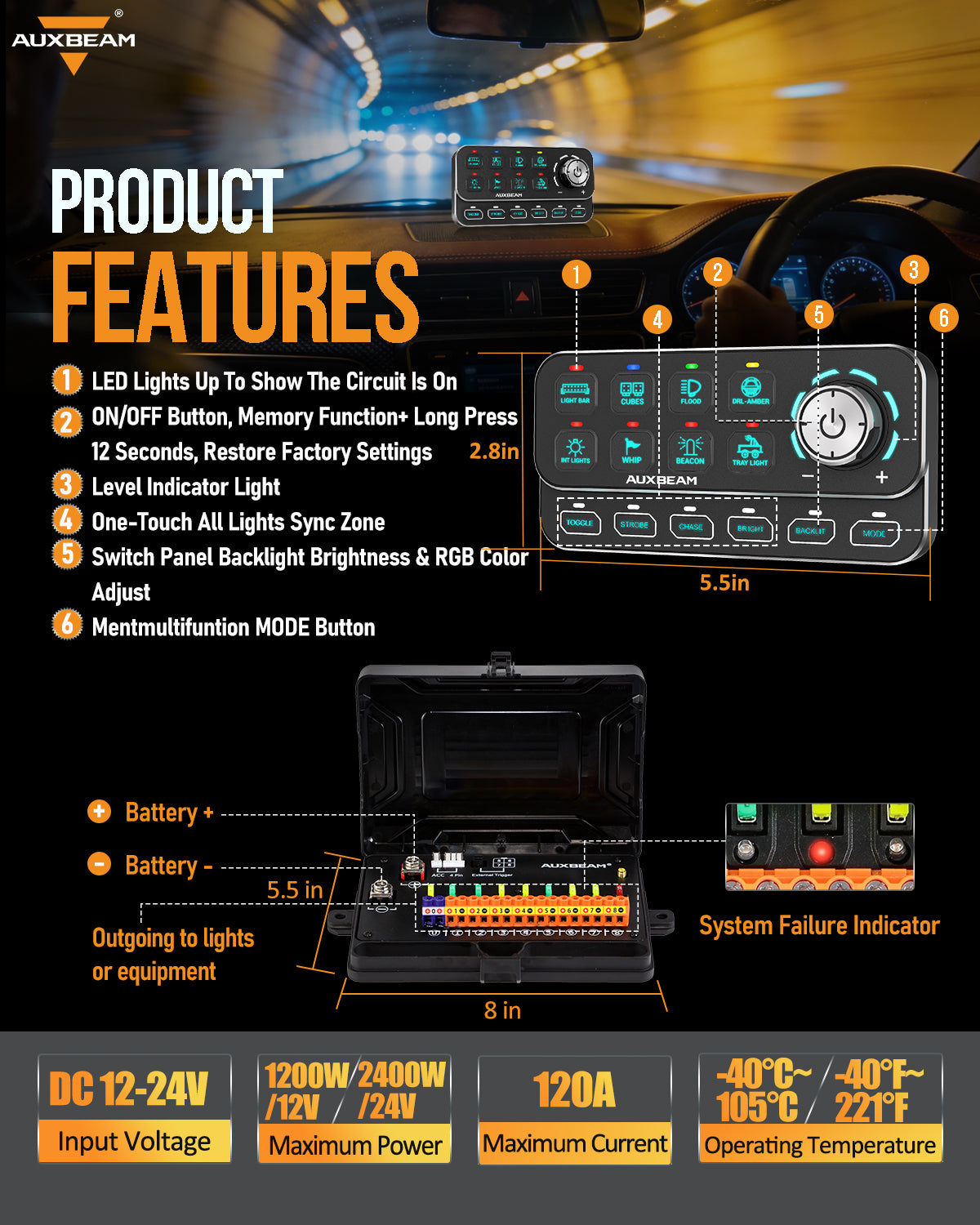 Auxbeam KS-80 Knob RGB Switch Panel MAX 120A ,Light Dimming, Dynamic Chase, Four External Triggers, 4 Modes