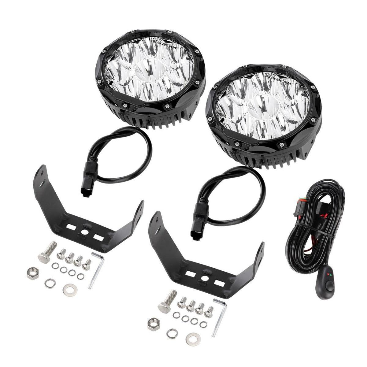 Auxbeam 7" 90W Round LED Driving Lights – Spot Beam, SAE Compliant, Off-Road, Amber/Black Covers Optional (2 Pack)
