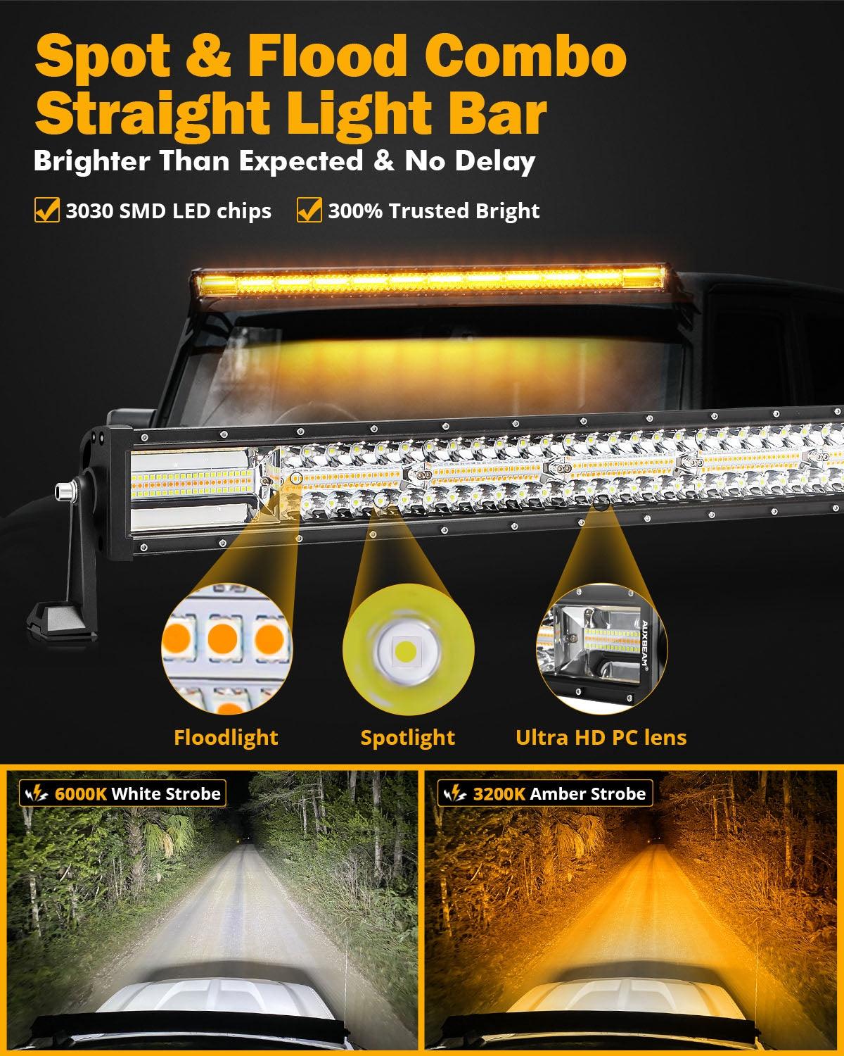 Auxbeam 6 Modes Series 50" LED Light Bar – Straight, White & Amber, Off-Road