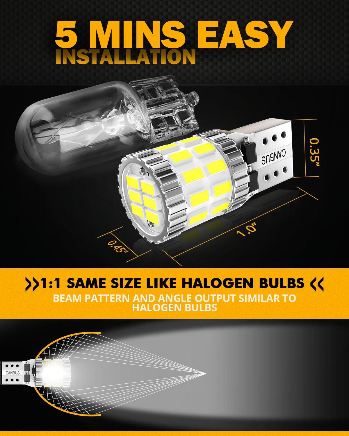 Auxbeam 168 / 2825 W5W T10 LED Bulbs – B1 Series, 3W, White, 400% Brighter, CANBUS Error-Free, License Plate / Side Marker / Interior Lights (10 Pack)
