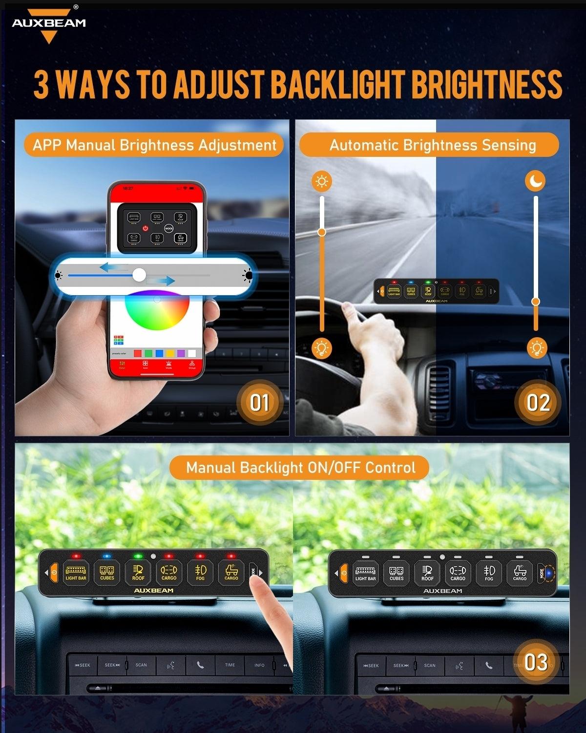 Auxbeam AS Series 4/6/8 Gang RGB Slim Switch Panel with APP & Remote Control, Toggle/ Momentary/ Pulsed Mode Supported(One-Sided Outlet)