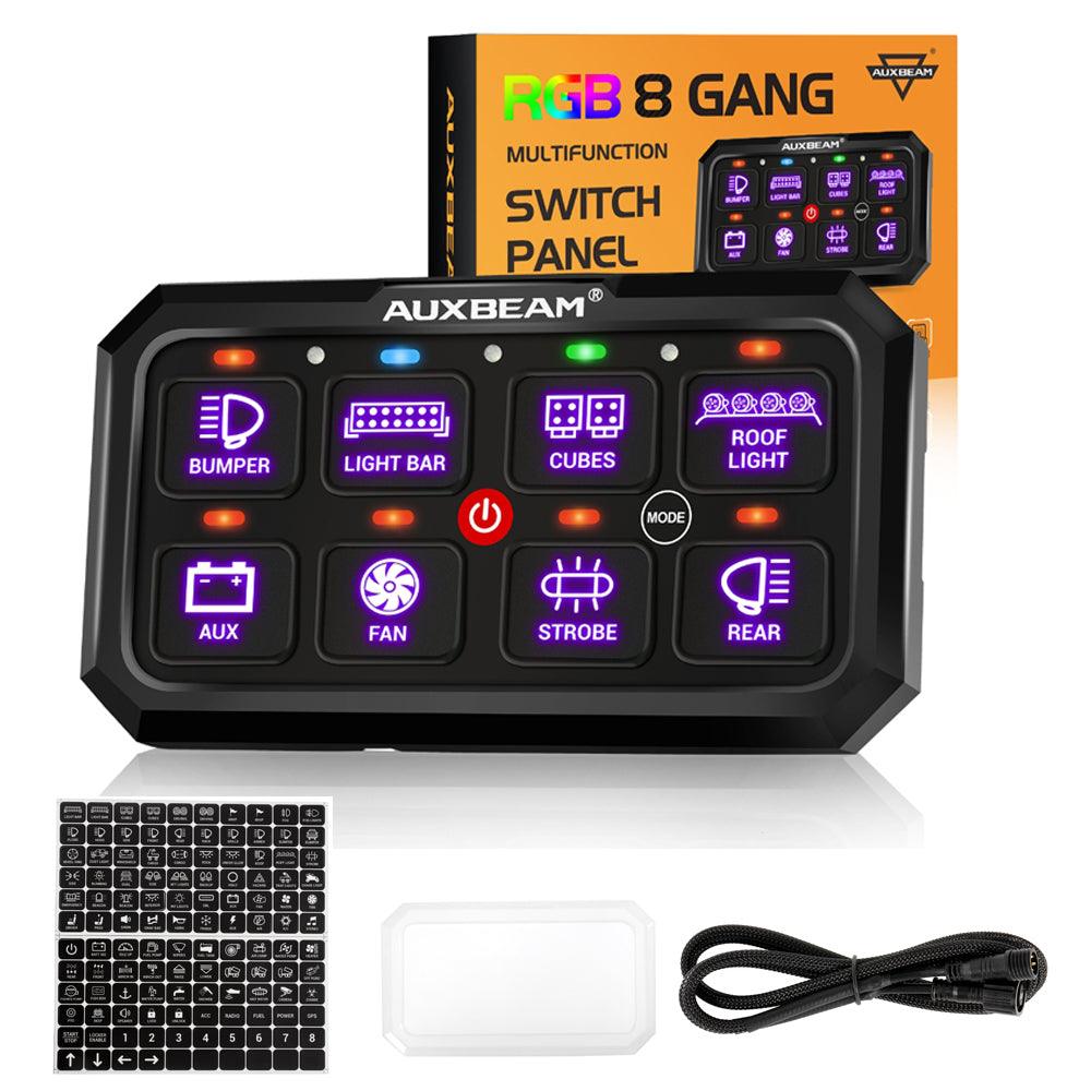 Auxbeam RGB Series RB80 XL 8-Gang Switch Panel – No App, Toggle/Momentary/Pulsed, Two-Sided Outlet