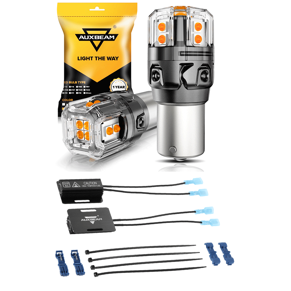Auxbeam BAU15S / 7507 LED Turn Signal Bulbs – B52 Series, Front/Rear & Side Marker Lights, 13W, 500% Brighter, 3000K Amber, CAN-Bus Error-Free (2 Pack)
