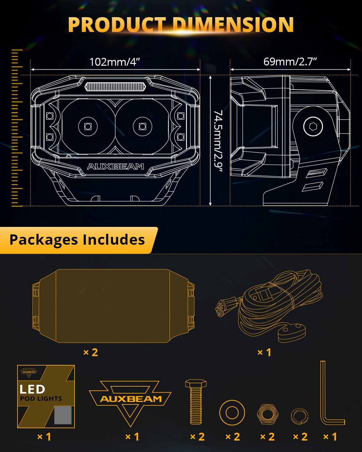 Auxbeam V-MAX Series 4" Rectangular LED Pod Lights – 72W, 6,960LM, Spot Beam Side Shooter, Amber DRL