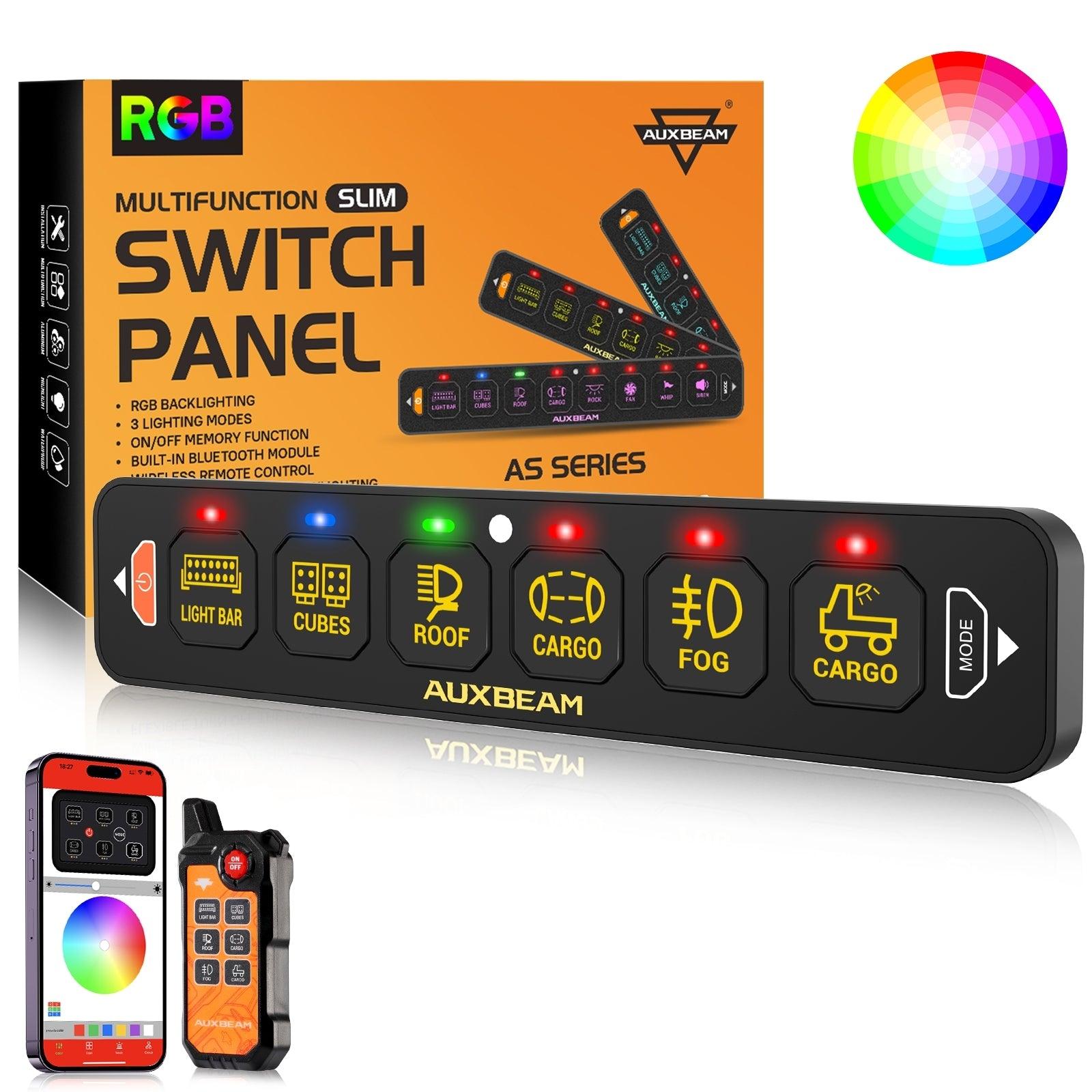 Auxbeam AS Series 4/6/8 Gang RGB Slim Switch Panel with APP & Remote Control, Toggle/ Momentary/ Pulsed Mode Supported(One-Sided Outlet)
