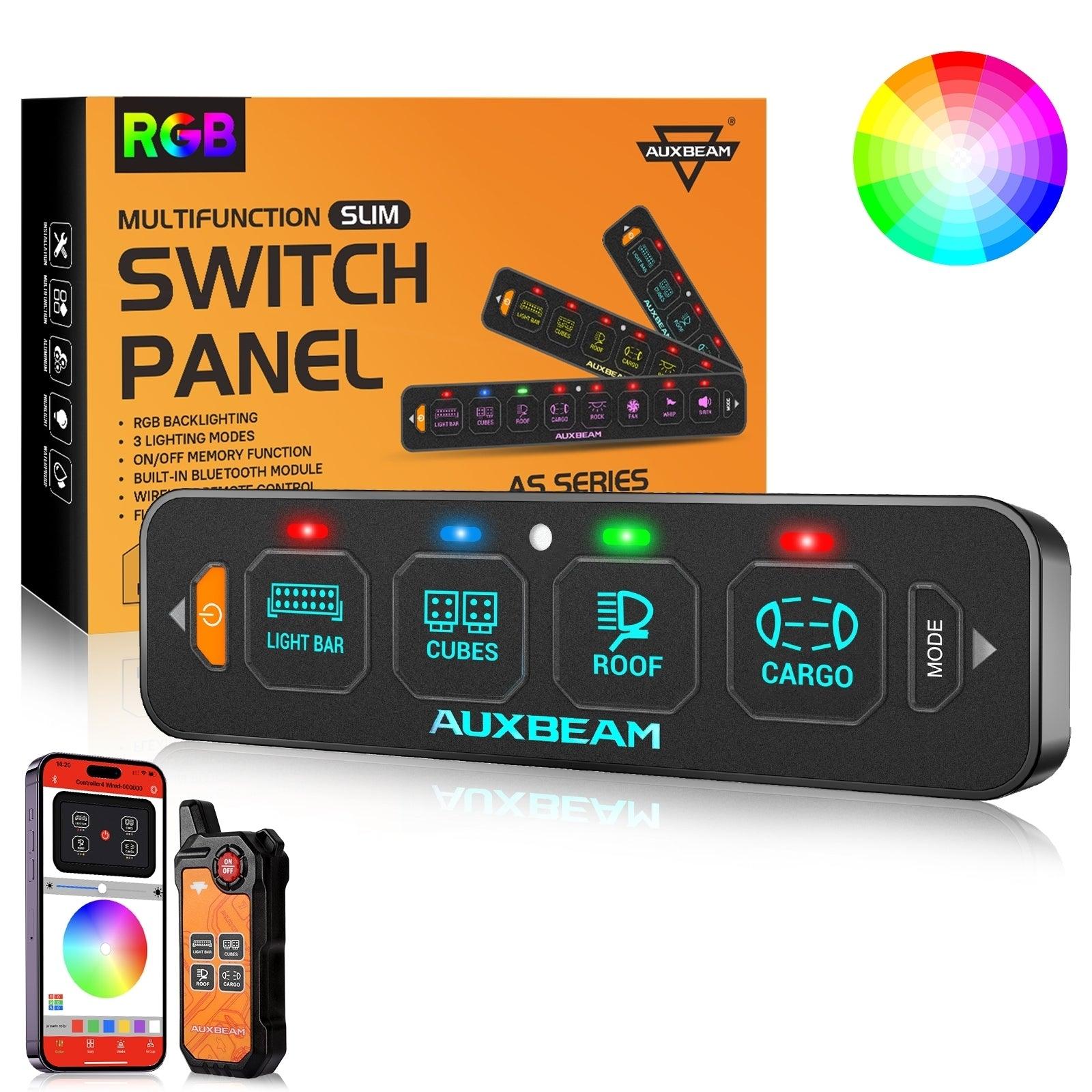 Auxbeam AS Series 4/6/8 Gang RGB Slim Switch Panel with APP & Remote Control, Toggle/ Momentary/ Pulsed Mode Supported(One-Sided Outlet)