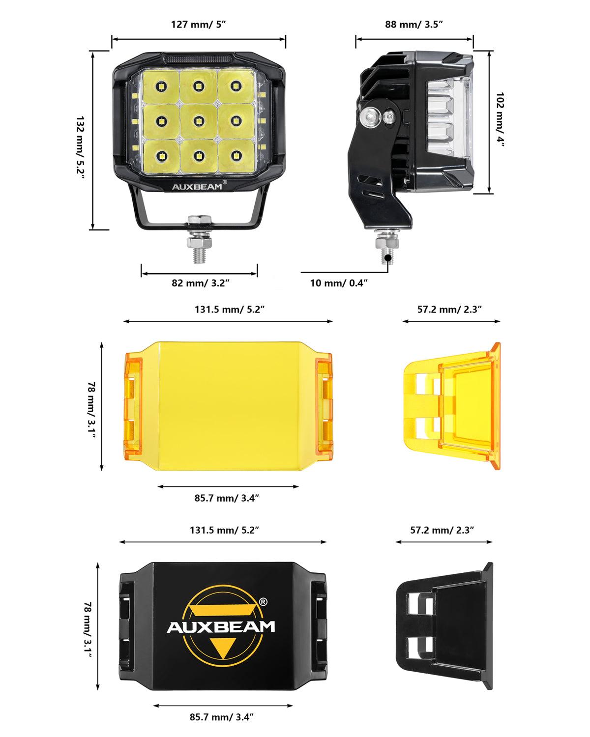 Auxbeam V-MAX Series 5" Square LED Pod Lights – 168W, 16,440LM, Spot Beam, Amber DRL