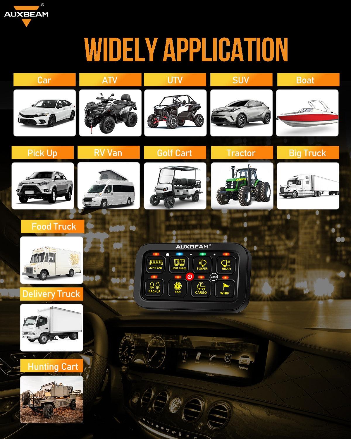 Auxbeam RGB Series 8 Gang (RB80) Switch Panel, Toggle/ Momentary/ Pulsed Mode Supported (Two-Sided Outlet)