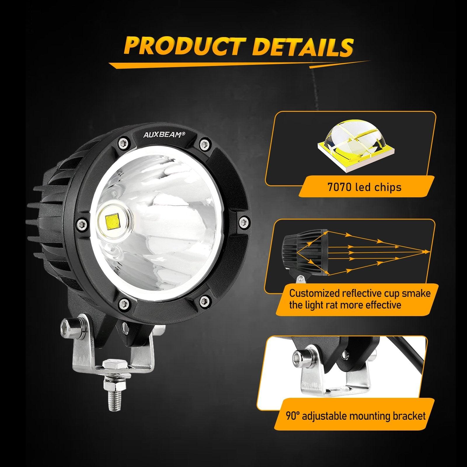 Auxbeam C4 Series 4" 100W Round LED Driving Lights – Spot Beam, White LED Pods