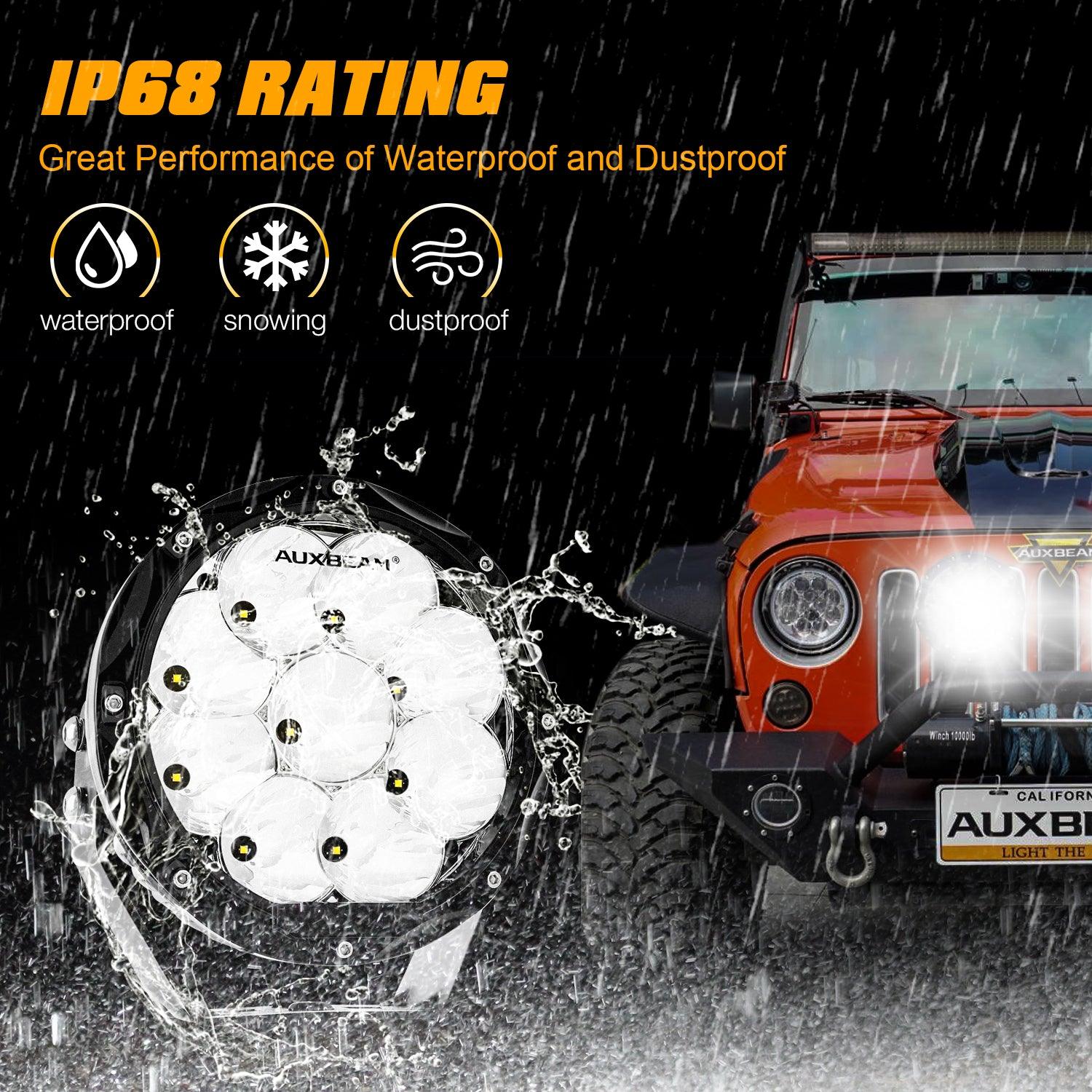 Auxbeam 7" 90W Round LED Driving Lights – Spot Beam, SAE Compliant, Off-Road, Amber/Black Covers Optional (2 Pack)