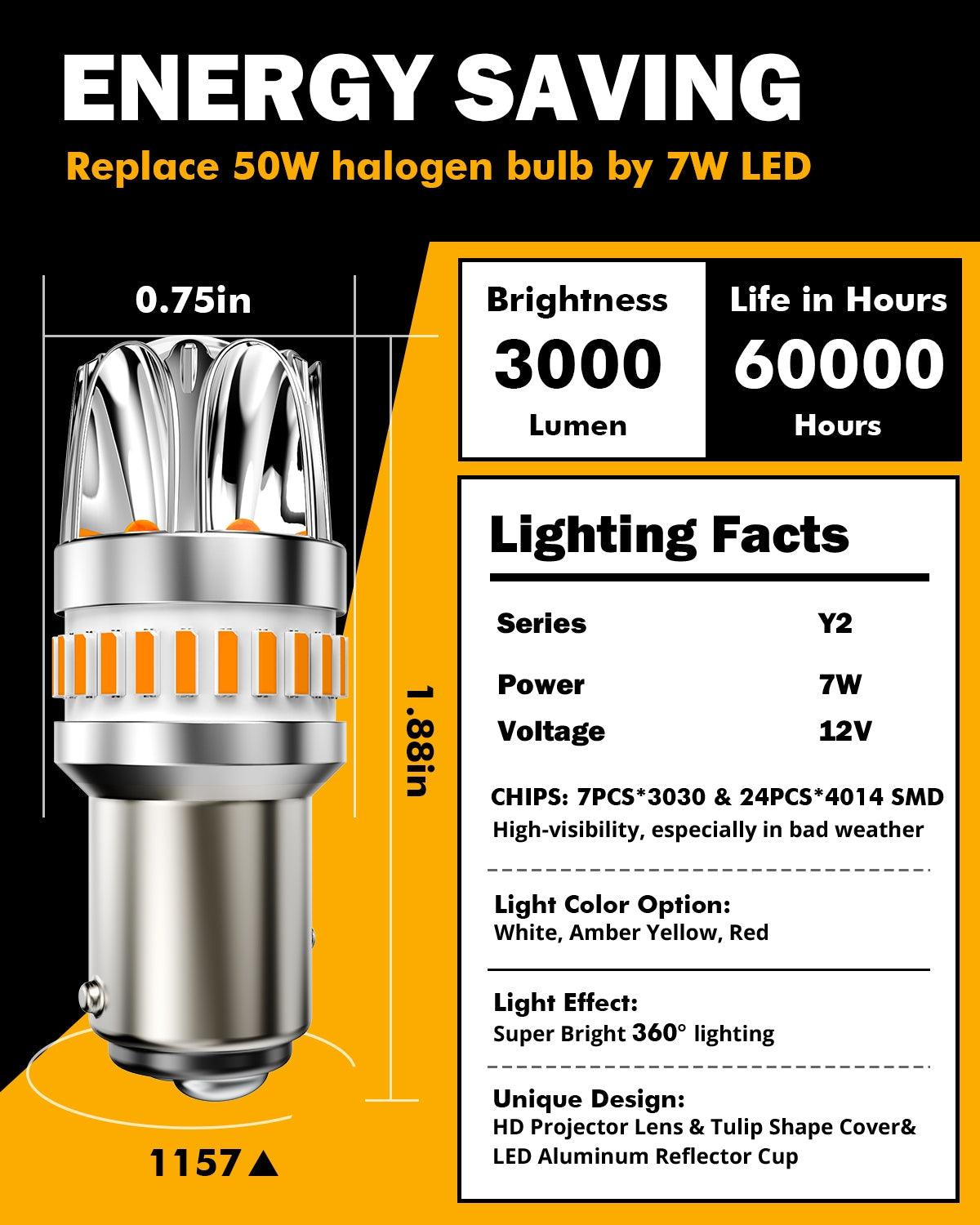 Auxbeam 1157 BAY15D LED Turn Signal Bulbs – Y2 Series, Front/Rear & Side Marker Lights, 14W, 6000LM, 3000K Amber, CAN-Bus Error-Free (2 Pack)