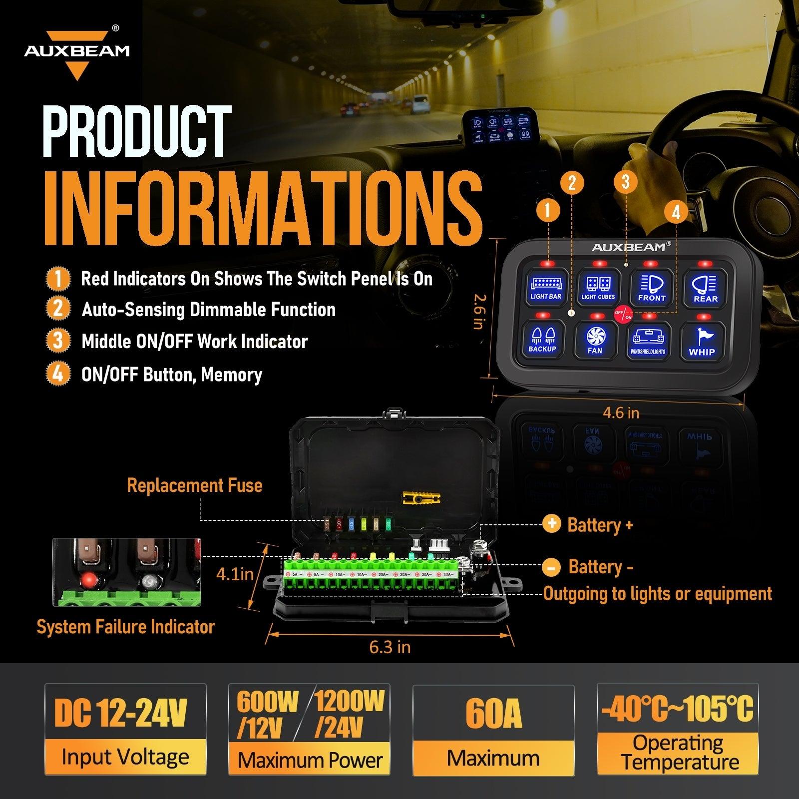 Auxbeam Single Series 6/8-Gang LED Switch Panel – Off-Road Light Controller