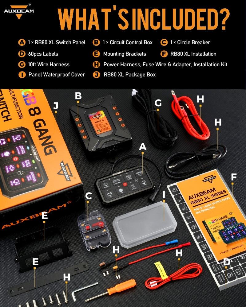 Auxbeam RGB Series RB80 XL 8-Gang Switch Panel – No App, Toggle/Momentary/Pulsed, Two-Sided Outlet