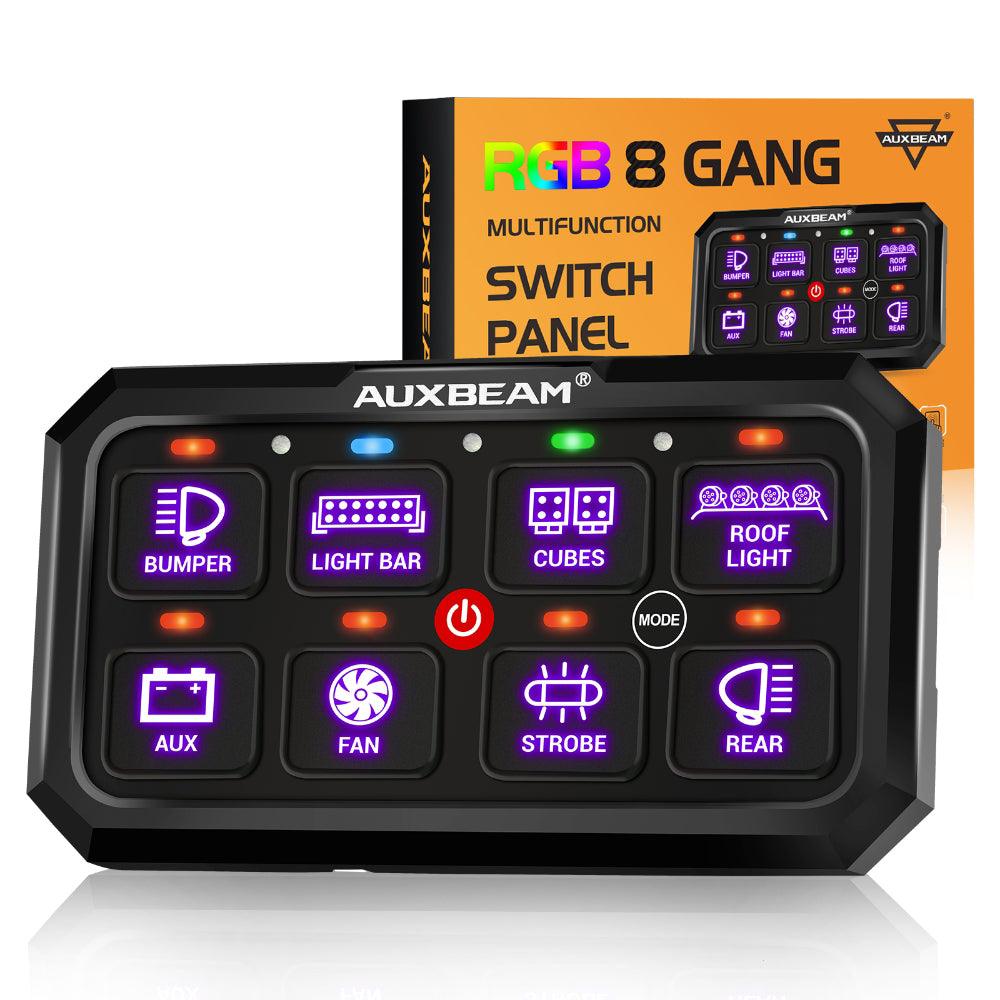 Auxbeam RGB Series RB80 XL 8-Gang Switch Panel – No App, Toggle/Momentary/Pulsed, Two-Sided Outlet