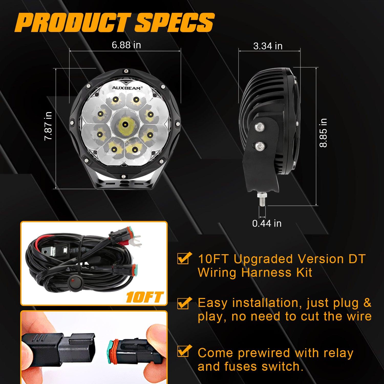 Auxbeam 7" 90W Round LED Driving Lights – Spot Beam, SAE Compliant, Off-Road, Amber/Black Covers Optional (2 Pack)