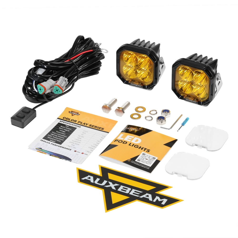Auxbeam Color Play Series 3" RGB LED Pod Lights – 116W, Spot Beam, 8 Backlight Modes
