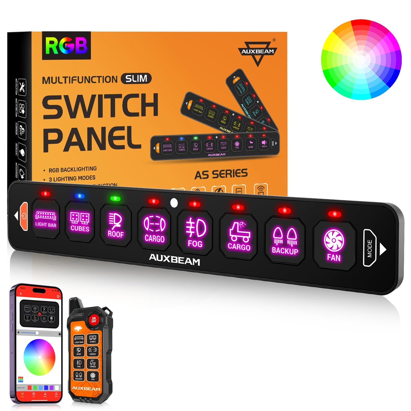 Auxbeam AS Series 4/6/8 Gang RGB Slim Switch Panel with APP & Remote Control, Toggle/ Momentary/ Pulsed Mode Supported(One-Sided Outlet)