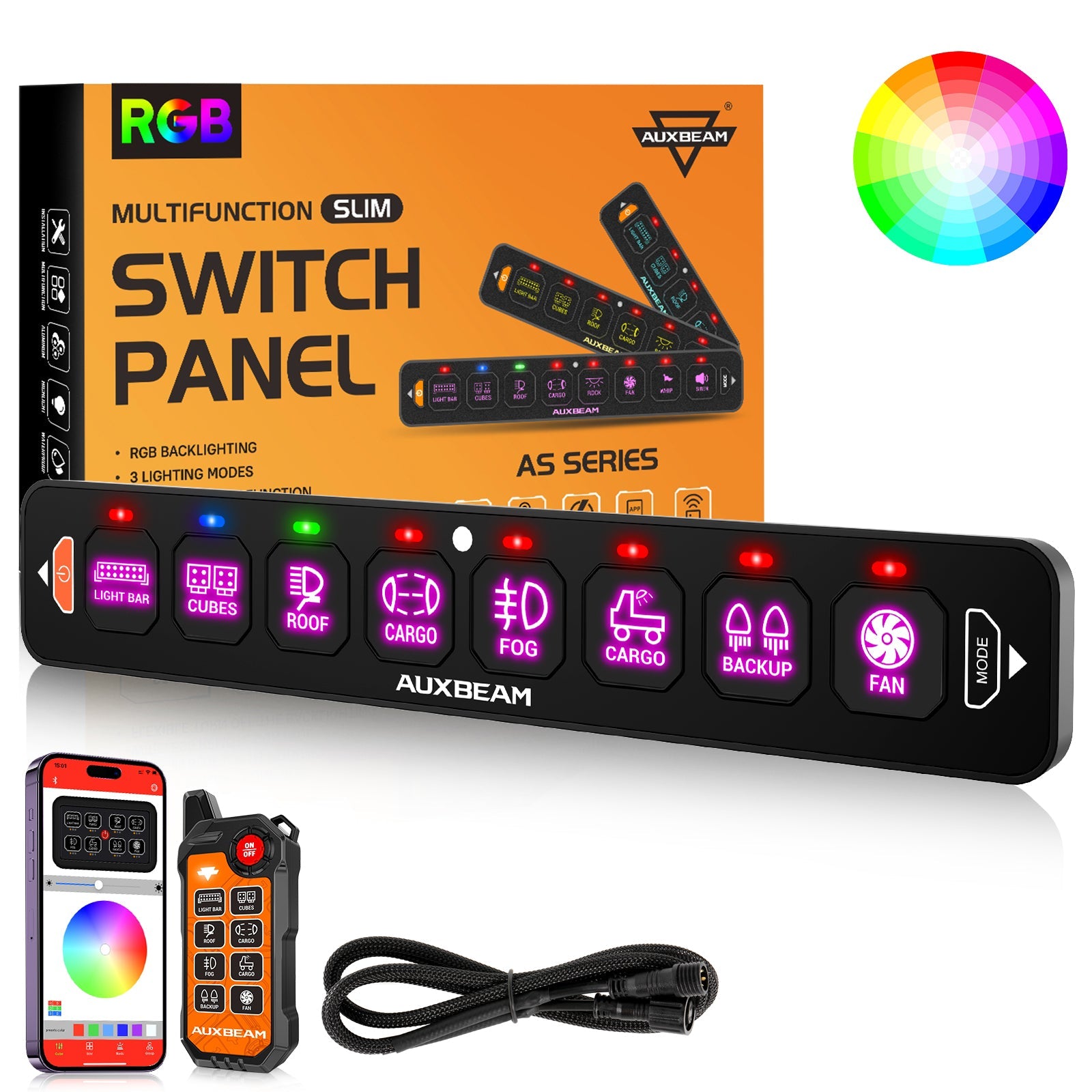 Auxbeam AS Series 4/6/8 Gang RGB Slim Switch Panel with APP & Remote Control, Toggle/ Momentary/ Pulsed Mode Supported(One-Sided Outlet)