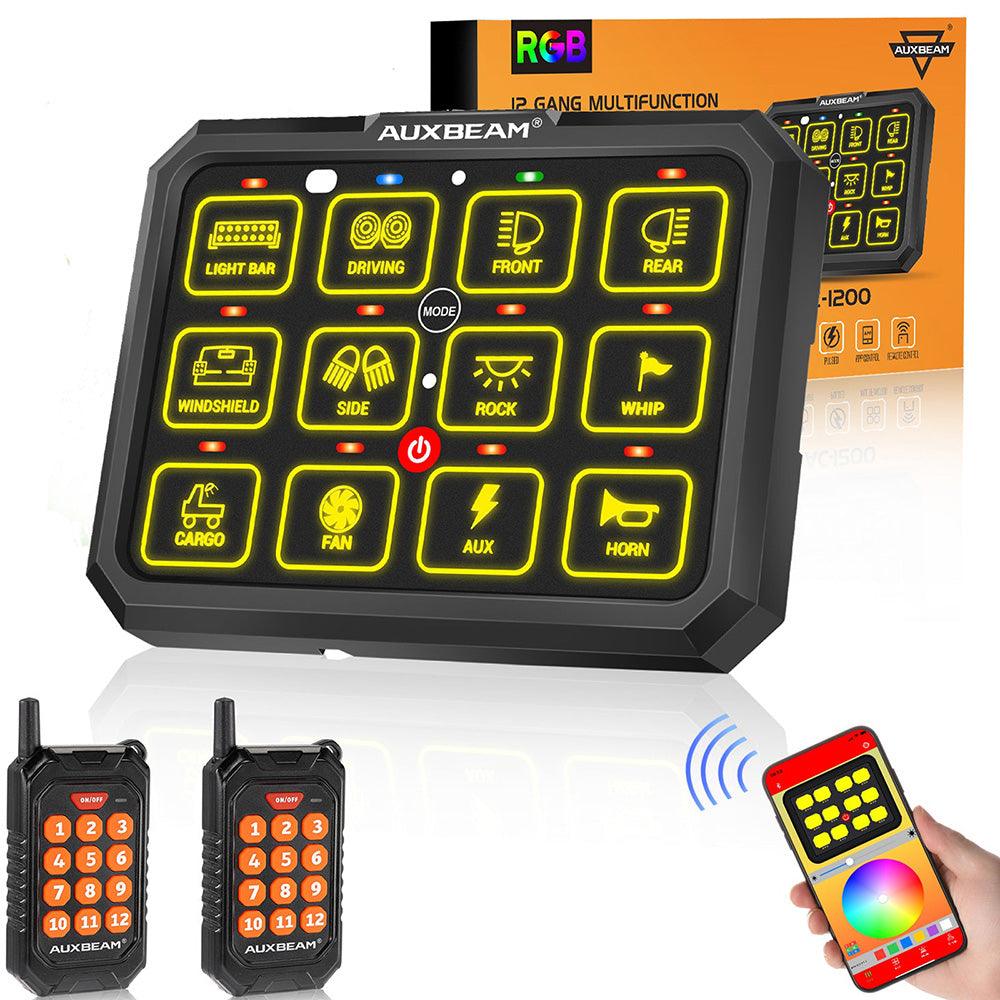 Auxbeam AC Series AC-1200 12-Gang RGB Switch Panel – App & Remote Control, Toggle/Momentary/Pulsed, One-Sided Outlet