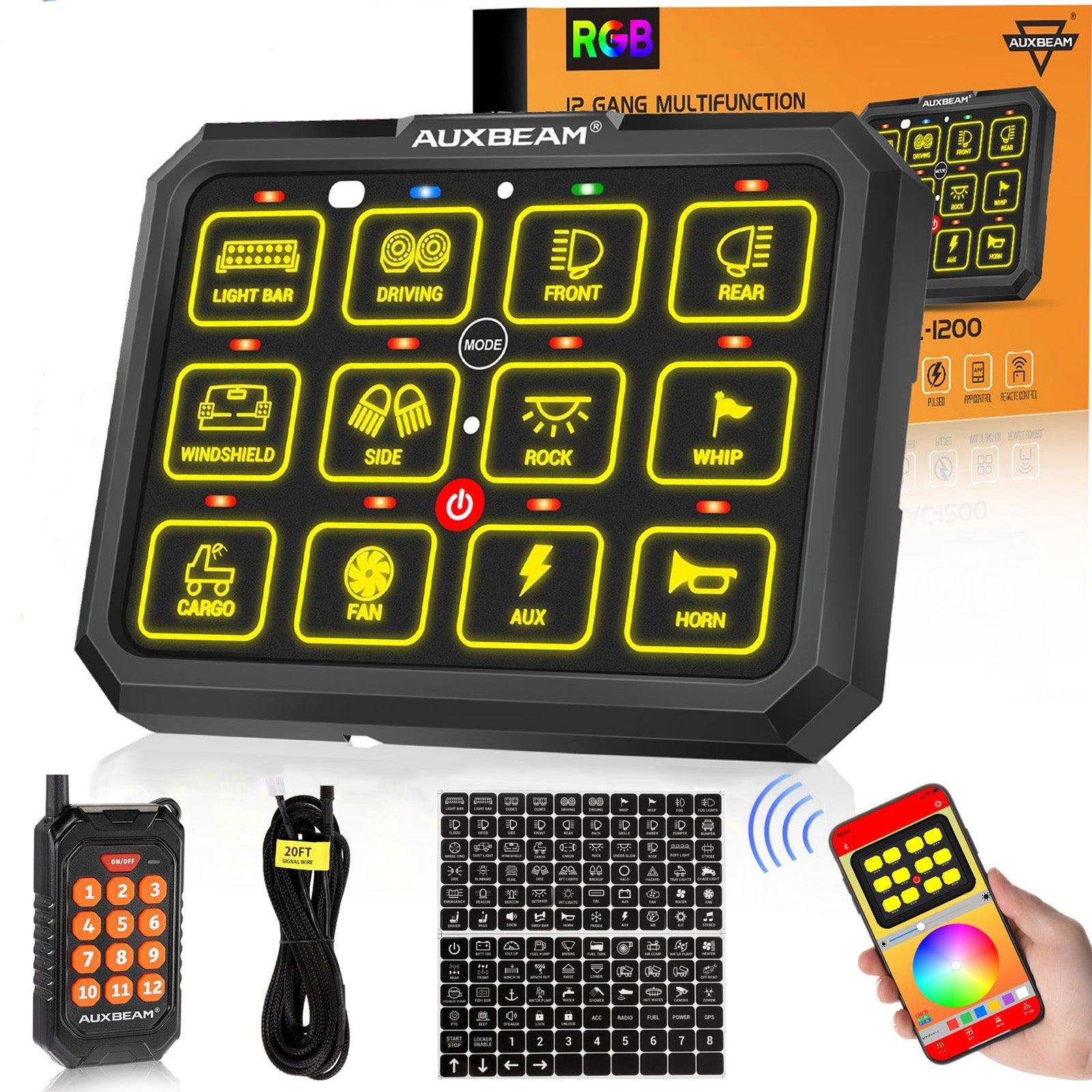 Auxbeam AC Series AC-1200 12-Gang RGB Switch Panel – App & Remote Control, Toggle/Momentary/Pulsed, One-Sided Outlet