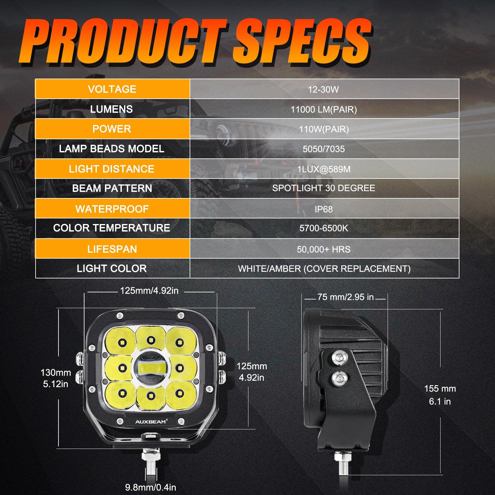 Auxbeam XP-ULTRA Series 5" LED Light Pods – 110W, 11,000LM, White/Amber