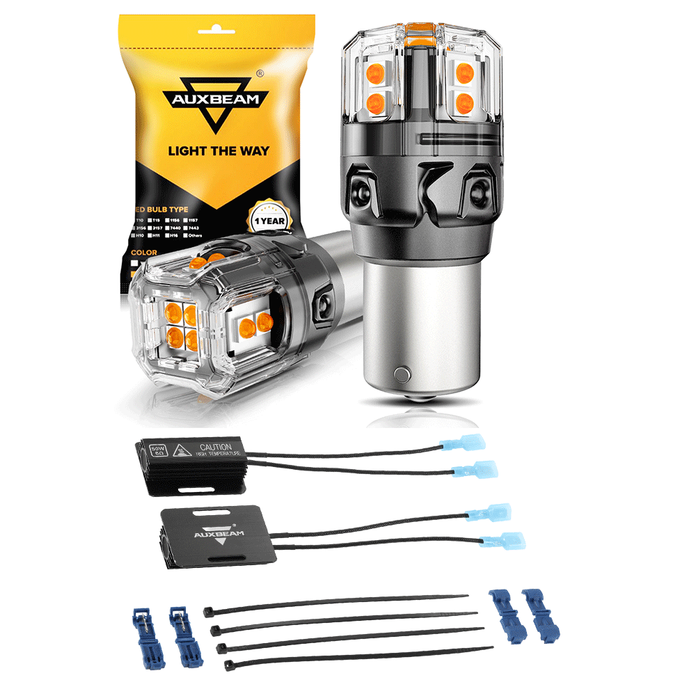 Auxbeam 1156 BA15S LED Turn Signal Bulbs – B52 Series, Front/Rear & Side Marker Lights, 13W, 500% Brighter, 3000K Amber, CAN-Bus Error-Free (2 Pack)