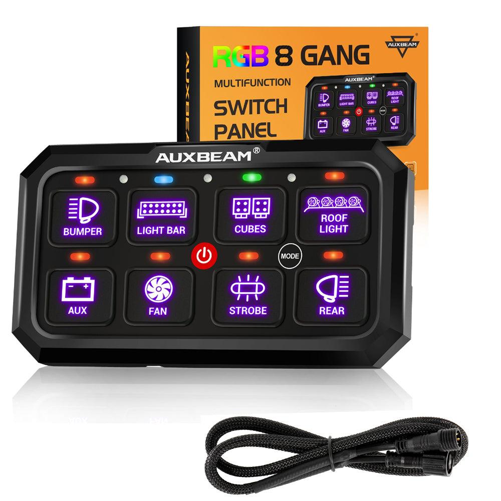 Auxbeam RGB Series RB80 XL 8-Gang Switch Panel – No App, Toggle/Momentary/Pulsed, Two-Sided Outlet