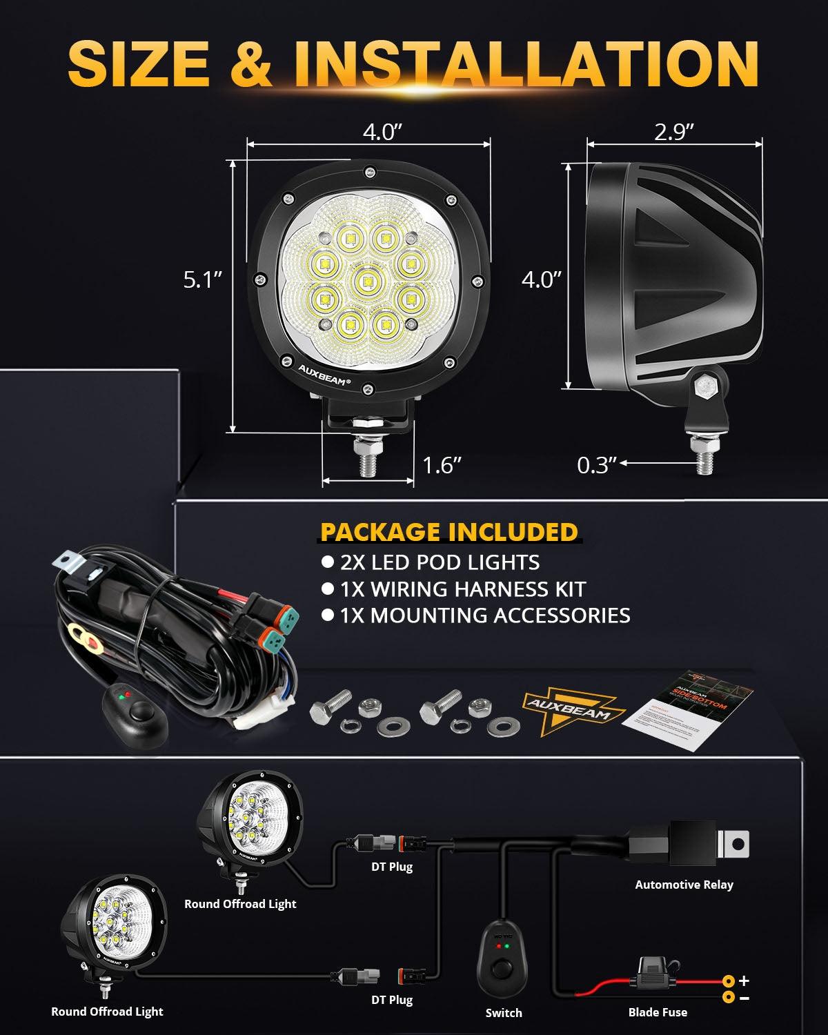 Auxbeam P4 Series 4" LED Driving Lights – 90W, 9,000LM, White Flood Beam