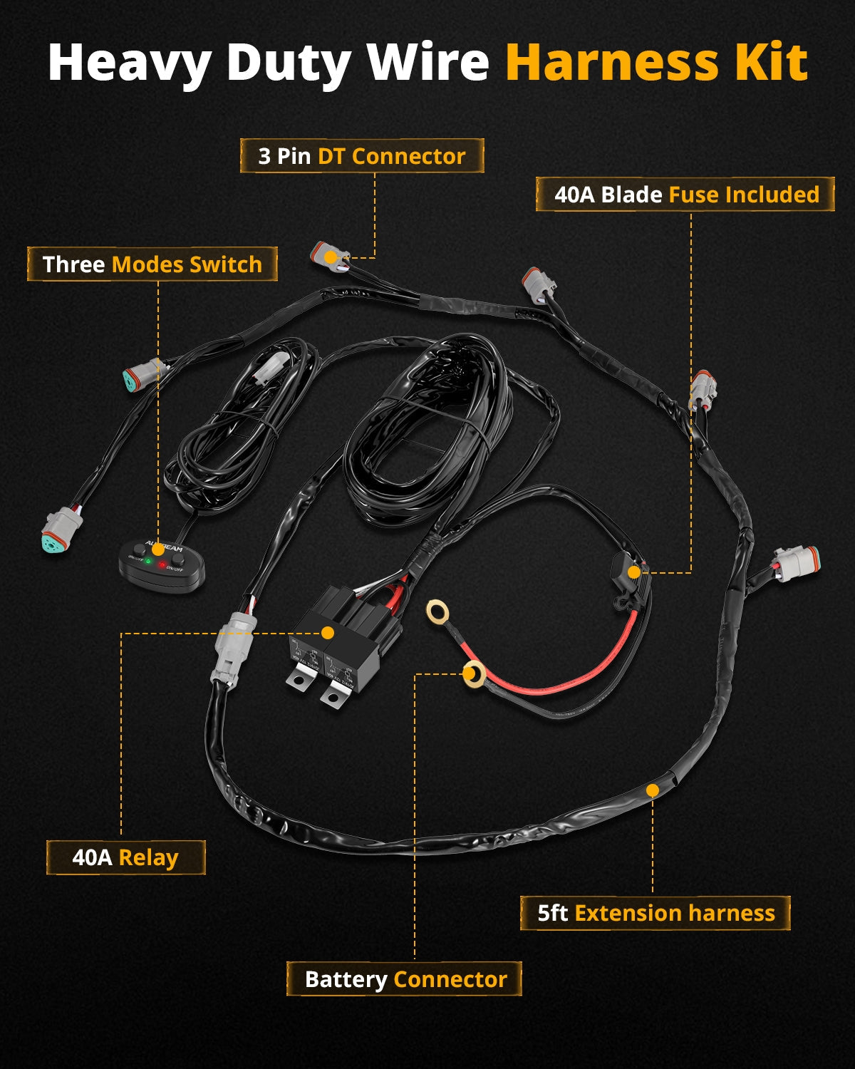Auxbeam 6-LED Pod Light Wiring Harness Kit – 3-Pin DT Plug