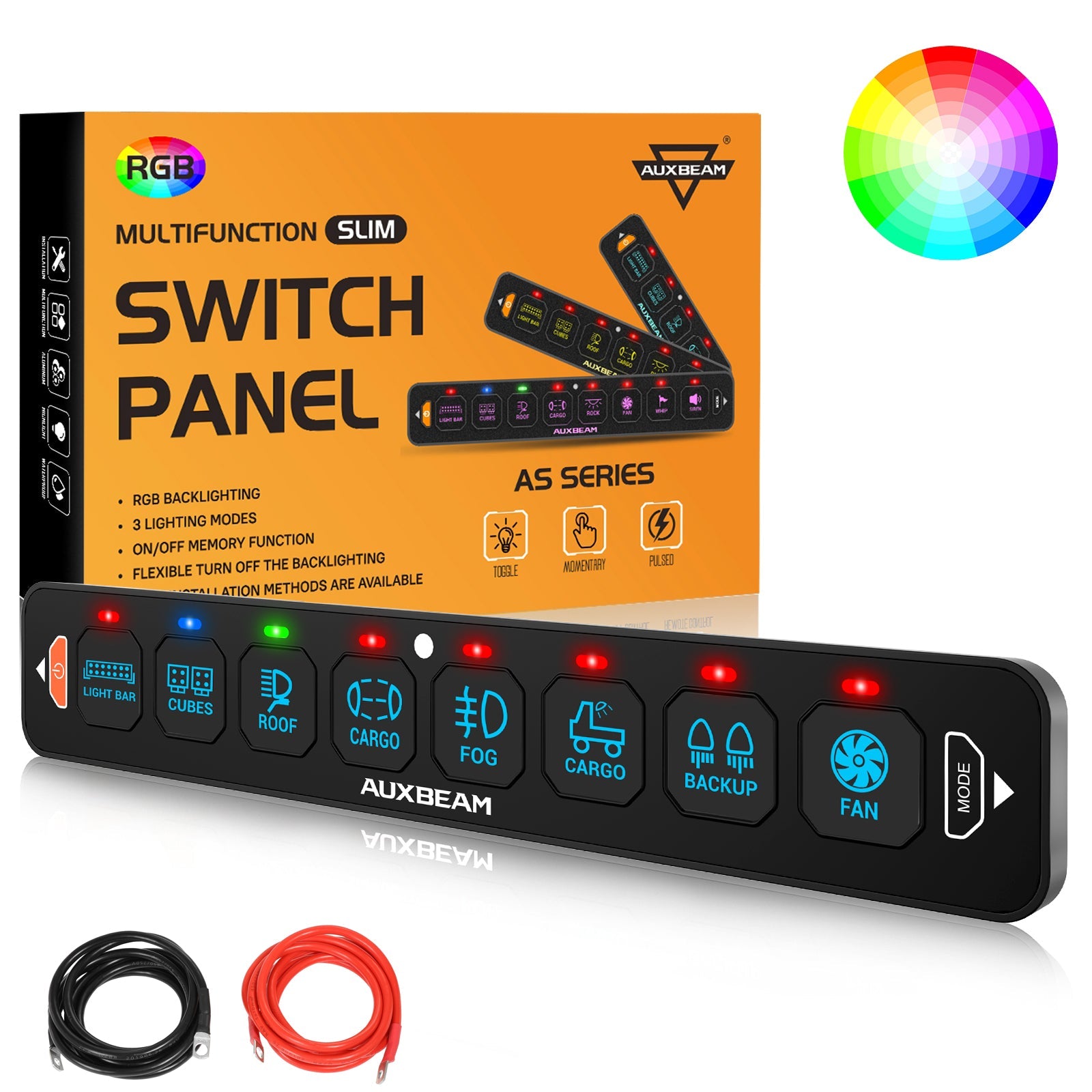 Auxbeam AS Series 4/6/8 Gang RGB Slim Switch Panel with APP & Remote Control, Toggle/ Momentary/ Pulsed Mode Supported(One-Sided Outlet)