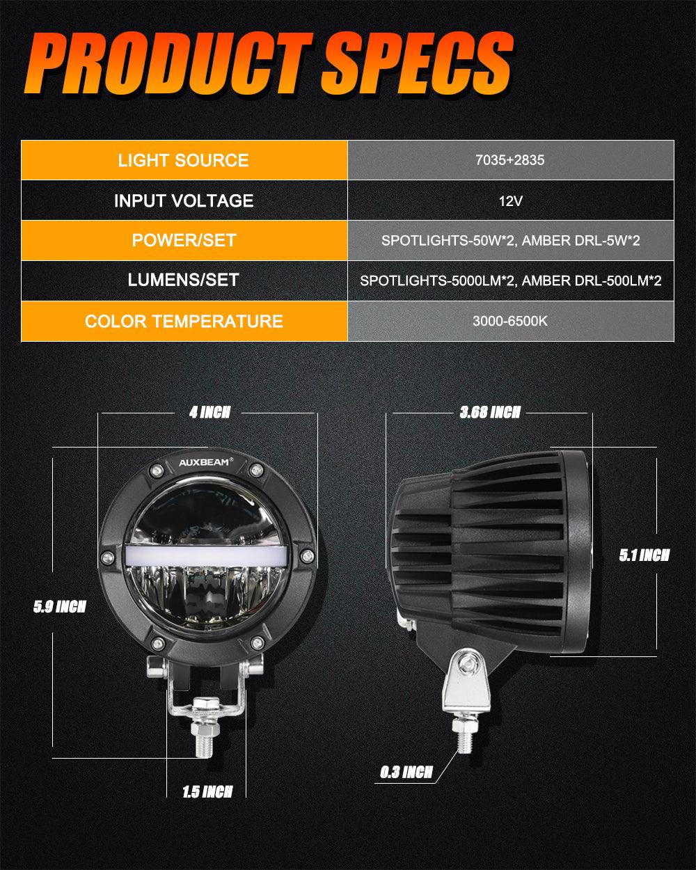 Auxbeam C4 Series 4" LED Pods – 110W, 11,000LM, Amber DRL