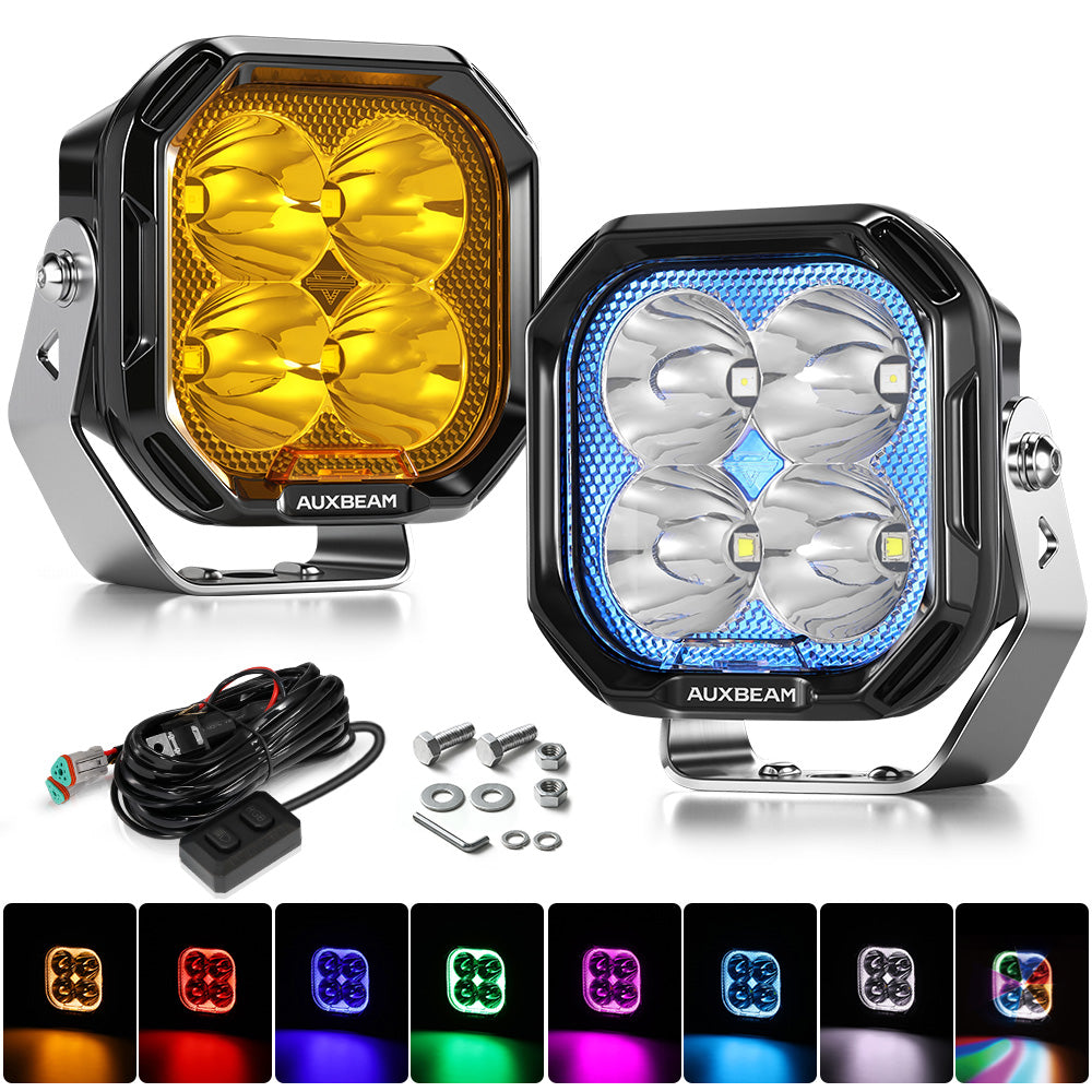 Auxbeam Color Play Series 3" RGB LED Pod Lights – 116W, Spot Beam, 8 Backlight Modes