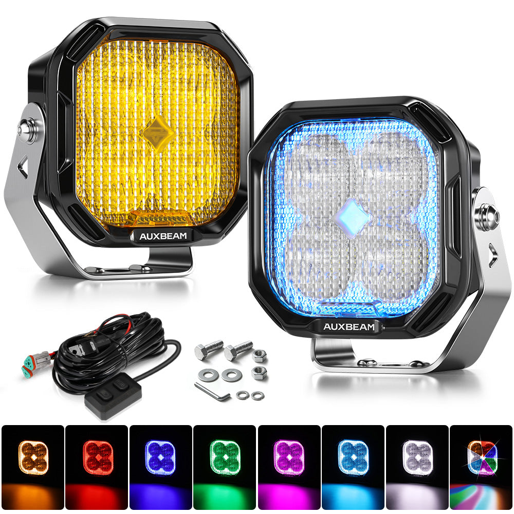 Auxbeam Color Play Series 3" RGB LED Pod Lights – 116W, Flood Beam, 8 Backlight Modes