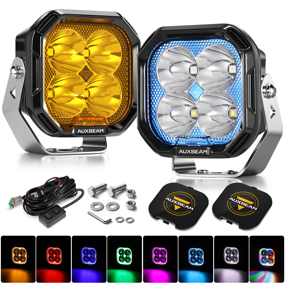 Auxbeam Color Play Series 3" RGB LED Pod Lights – 116W, Spot Beam, 8 Backlight Modes