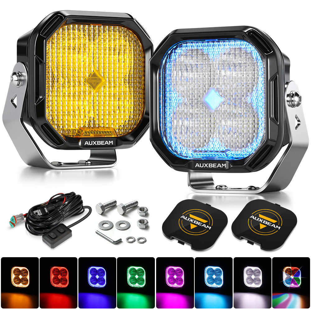 Auxbeam Color Play Series 3" RGB LED Pod Lights – 116W, Flood Beam, 8 Backlight Modes