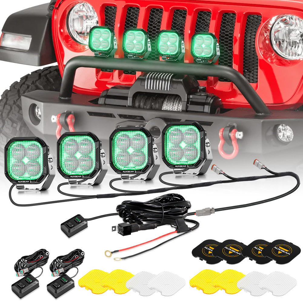 Auxbeam Color Play Series 3" RGB LED Pod Lights – 116W, Flood Beam, 8 Backlight Modes