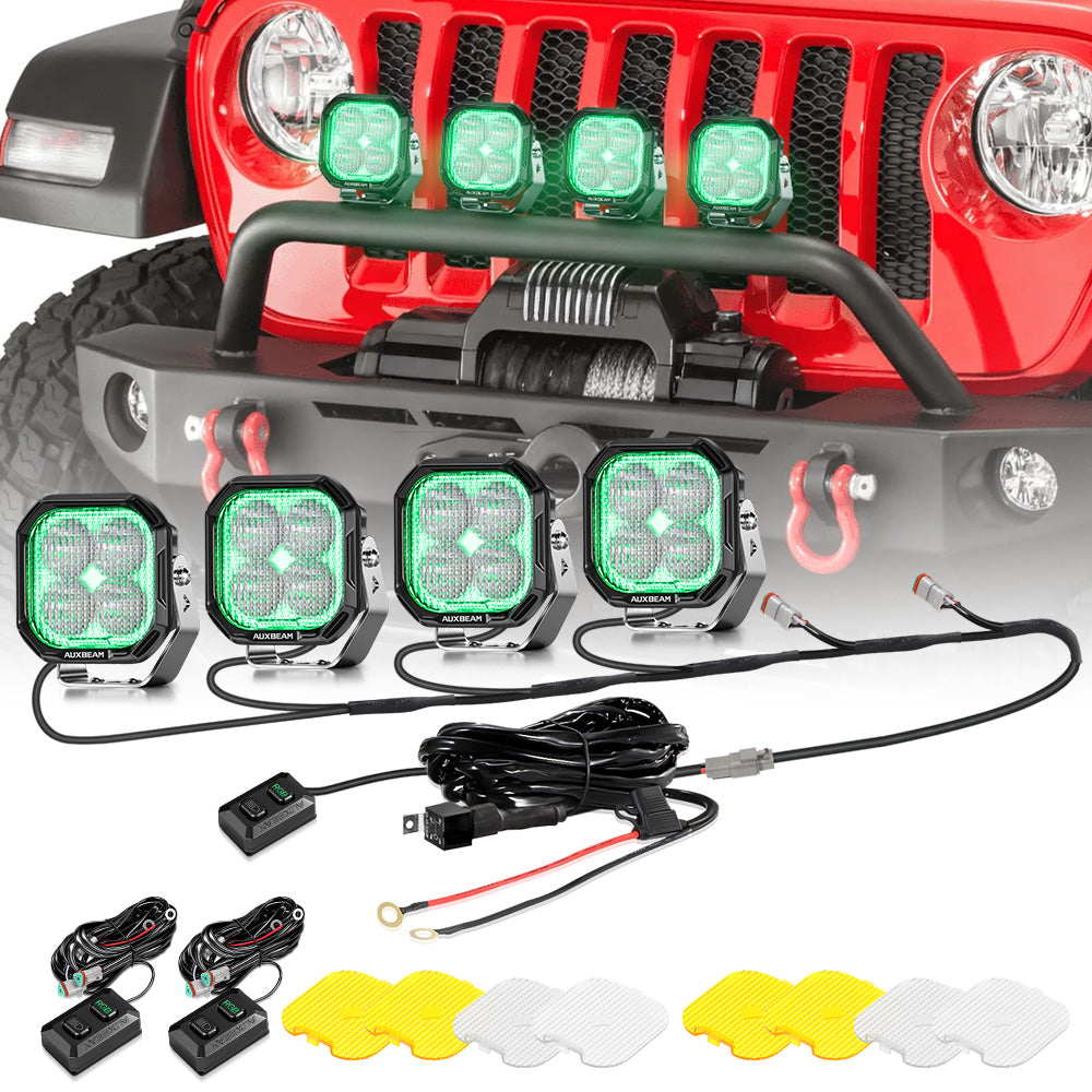 Auxbeam Color Play Series 3" RGB LED Pod Lights – 116W, Flood Beam, 8 Backlight Modes